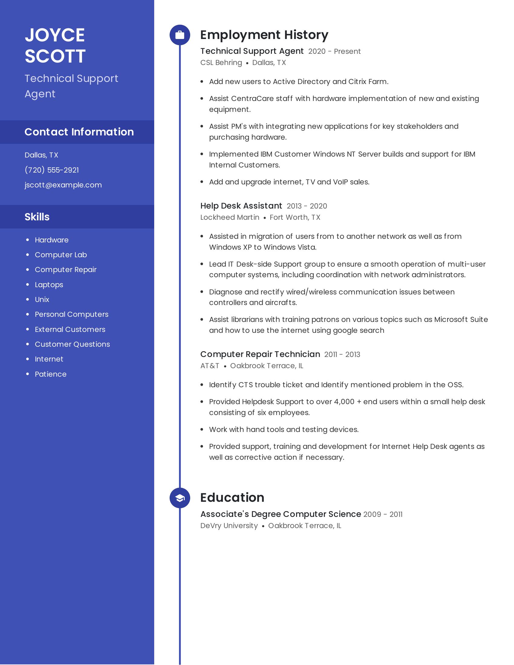 Technical Support Agent resume example