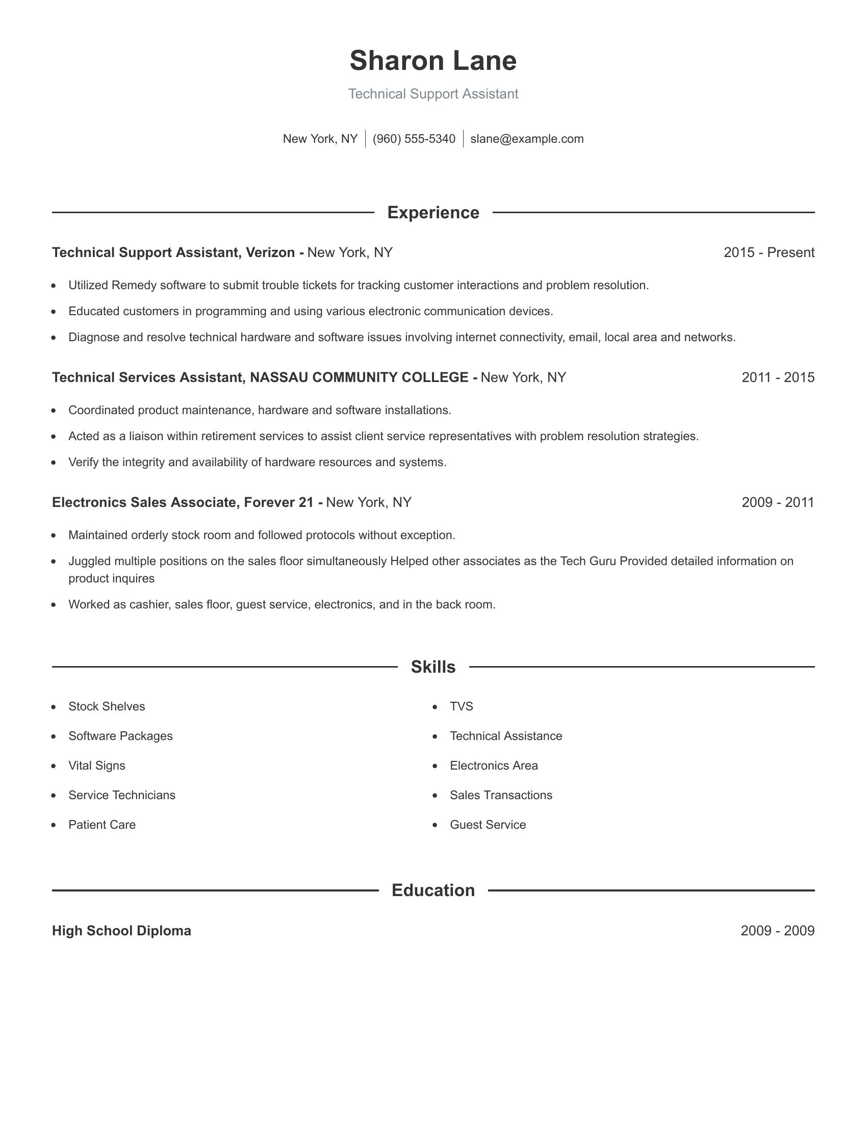 Technical Support Assistant resume example