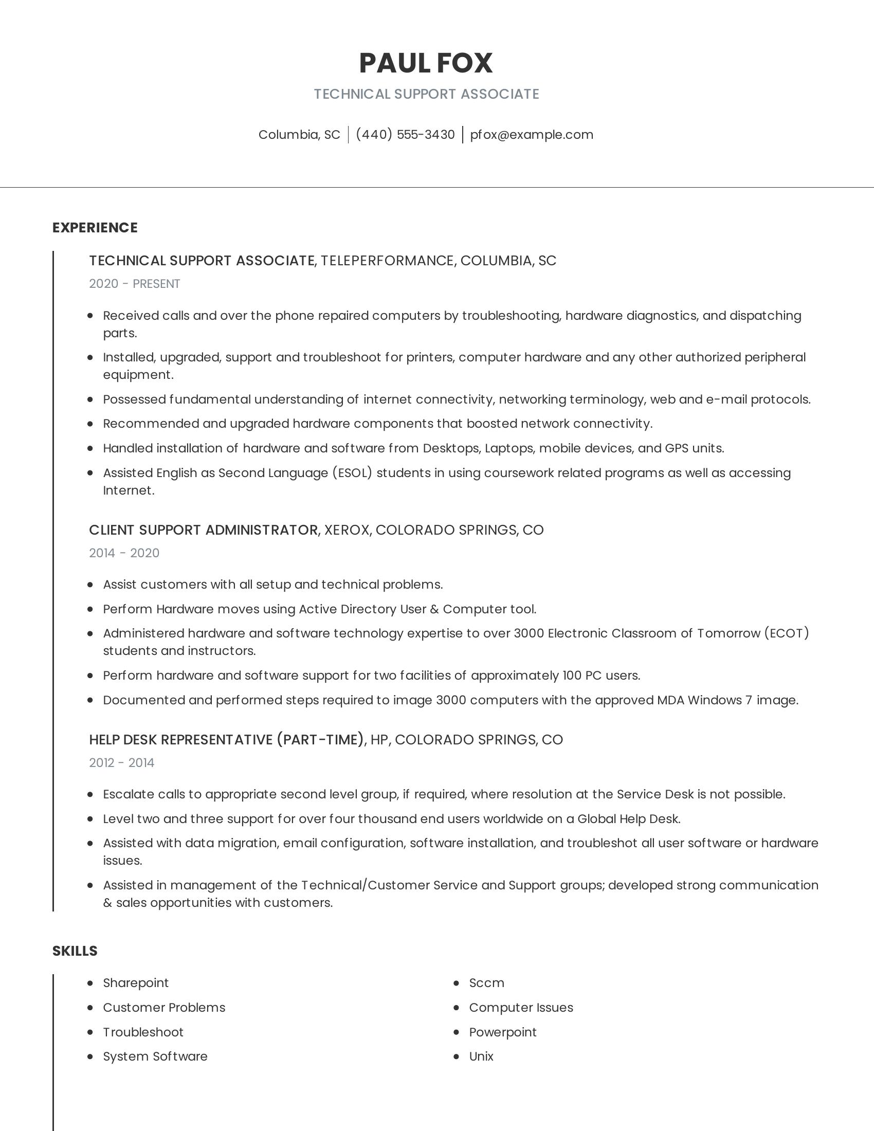 Technical Support Associate resume example