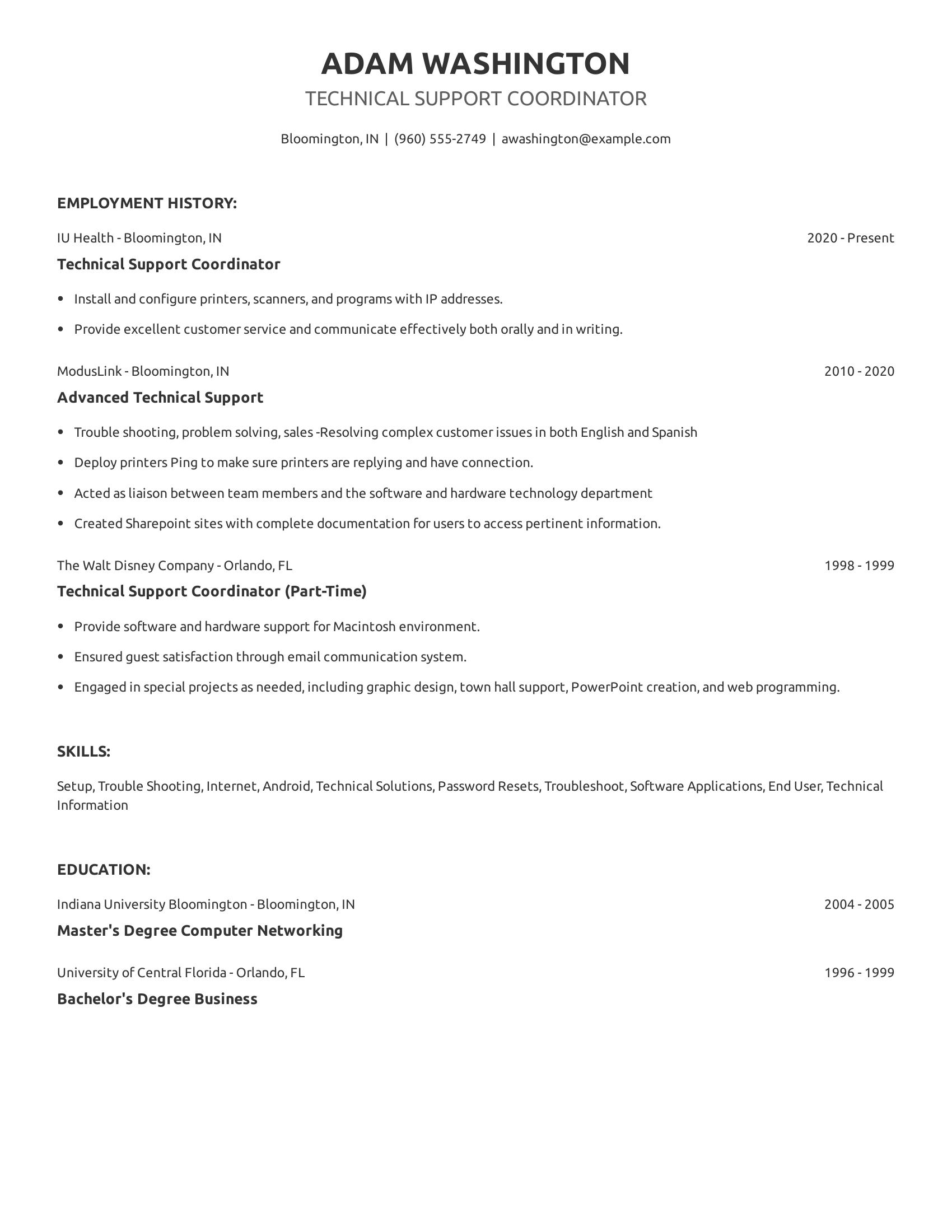 Technical Support Coordinator resume example