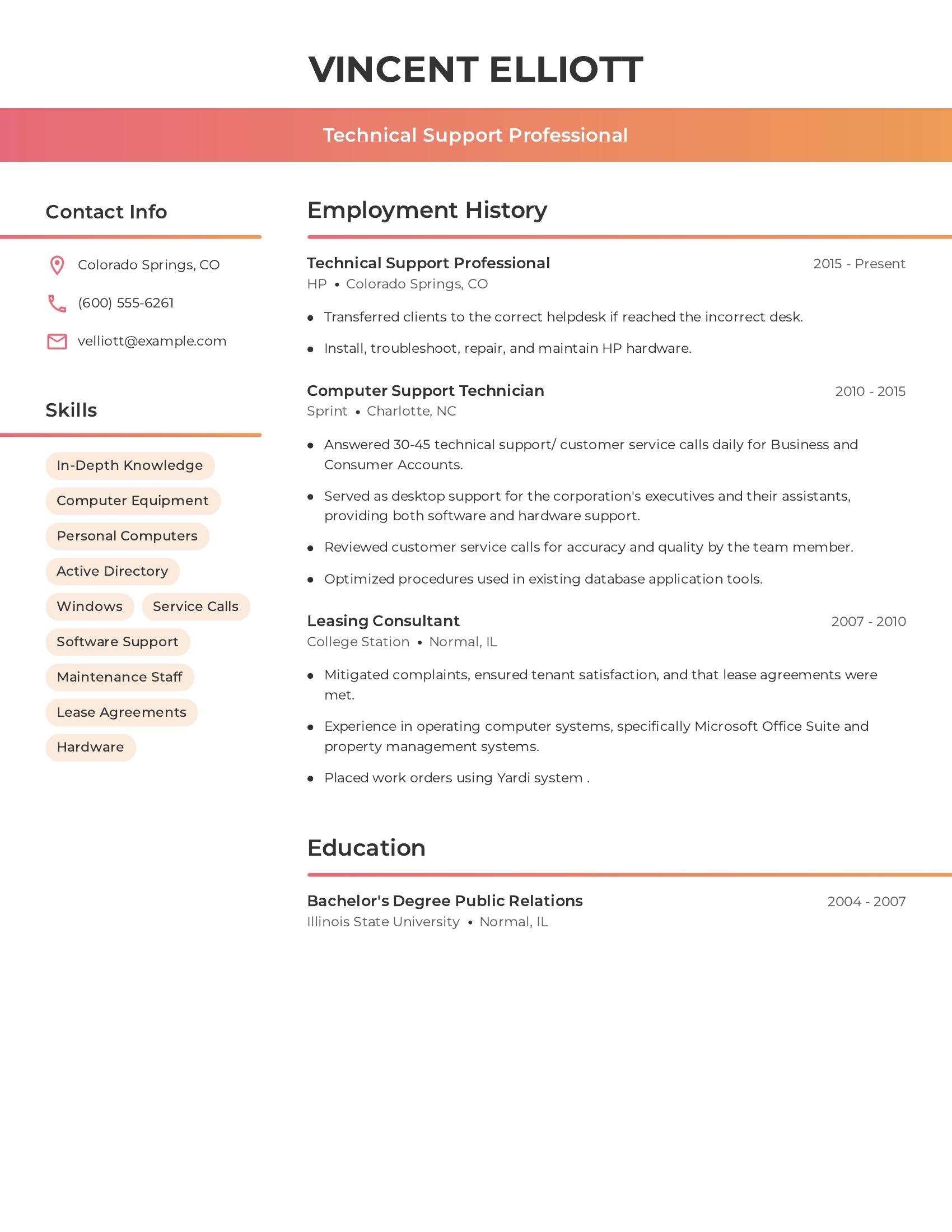 Technical Support Professional resume example