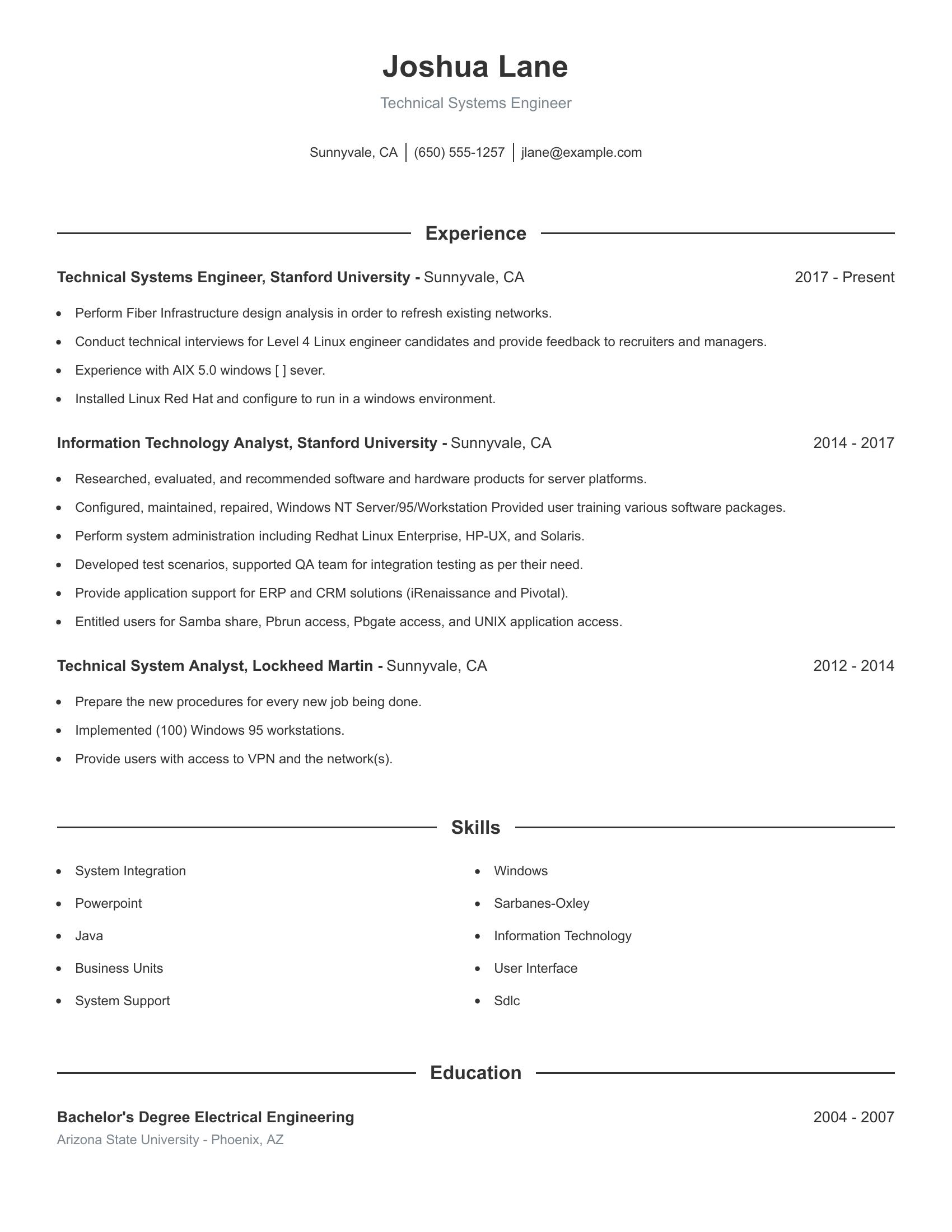 Technical Systems Engineer resume example