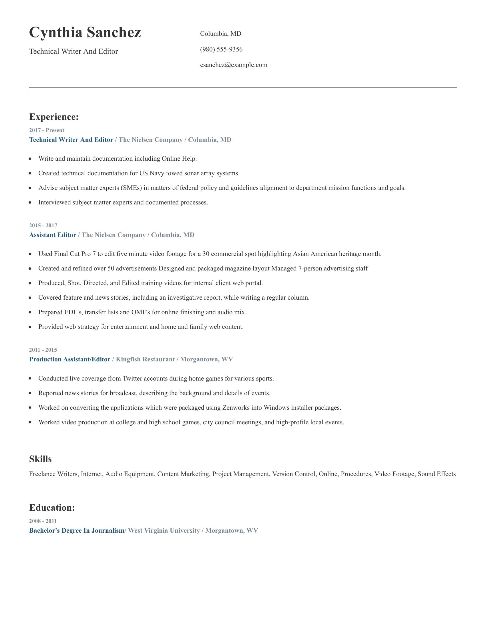 Technical Writer And Editor resume example