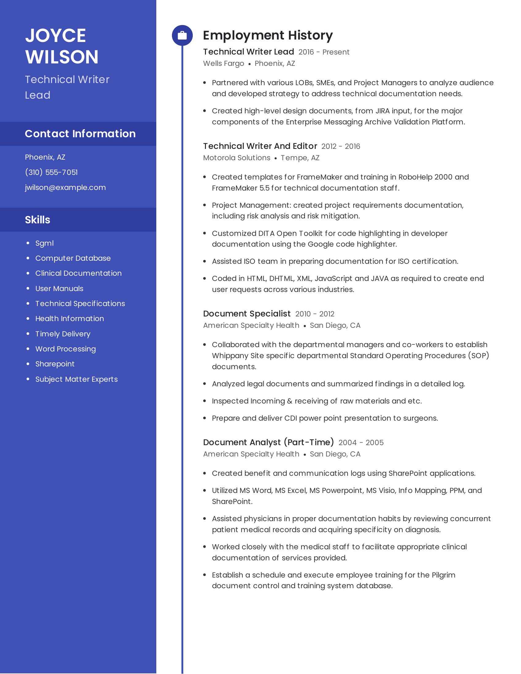 Technical Writer Lead resume example