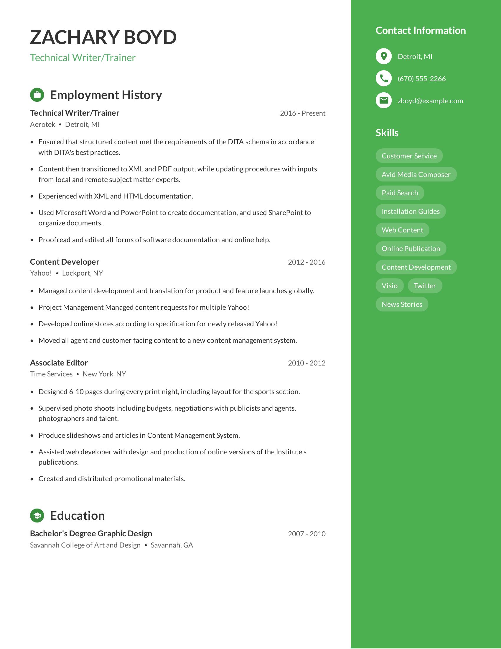 Technical Writer/Trainer resume example