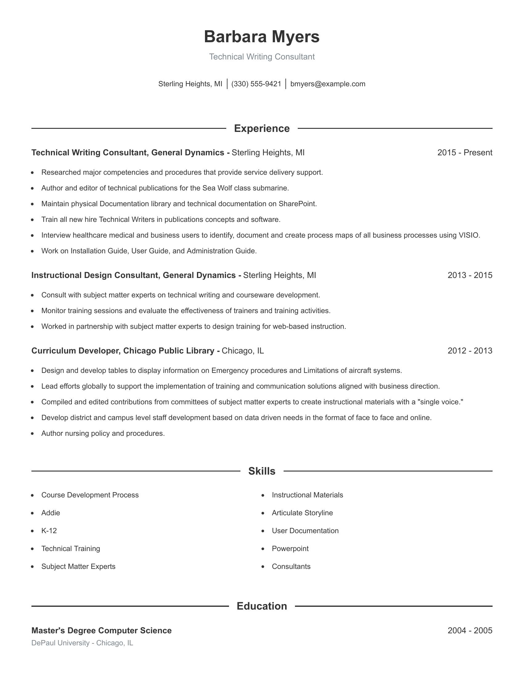 Technical Writing Consultant resume example