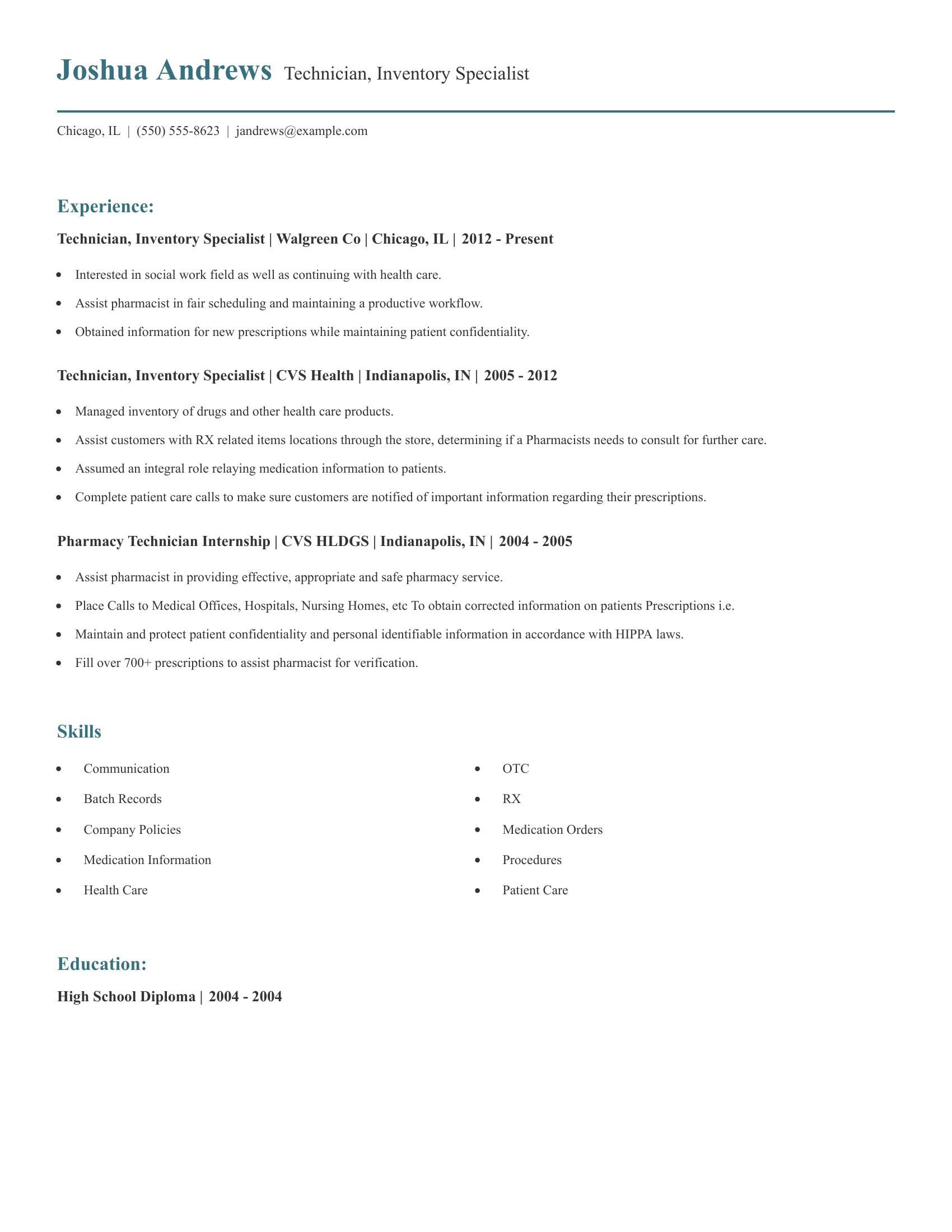 Technician, Inventory Specialist resume example