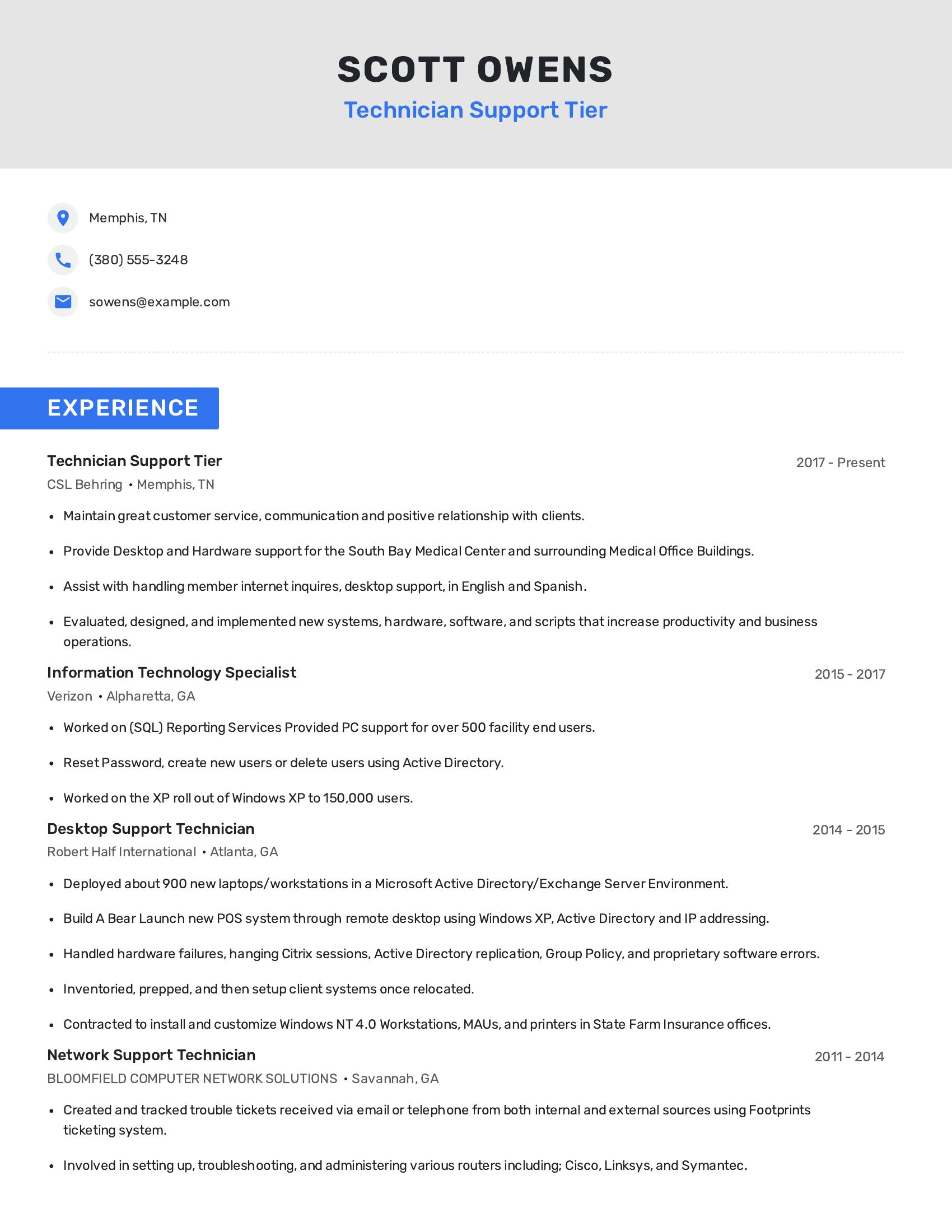 Technician Support Tier resume example