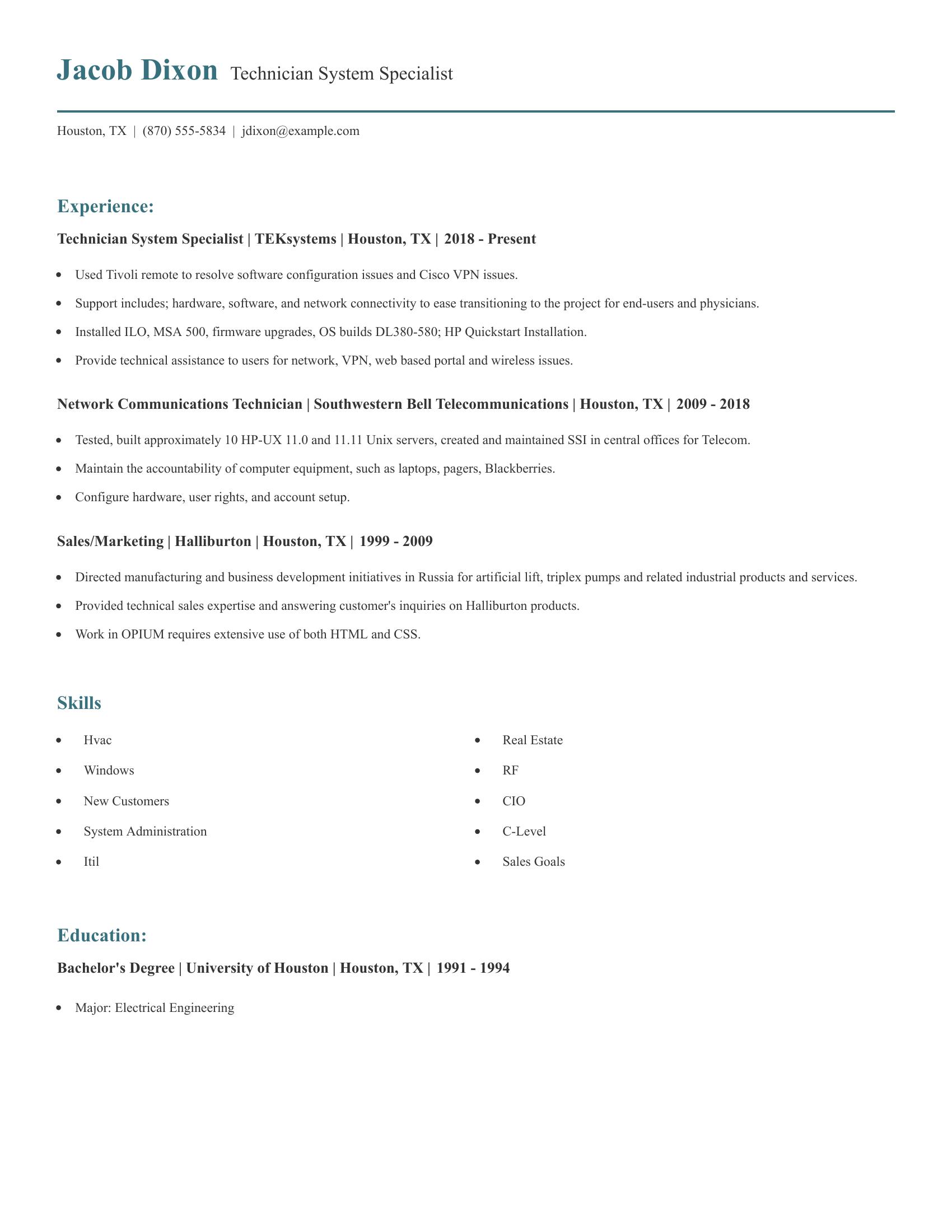 Technician System Specialist resume example