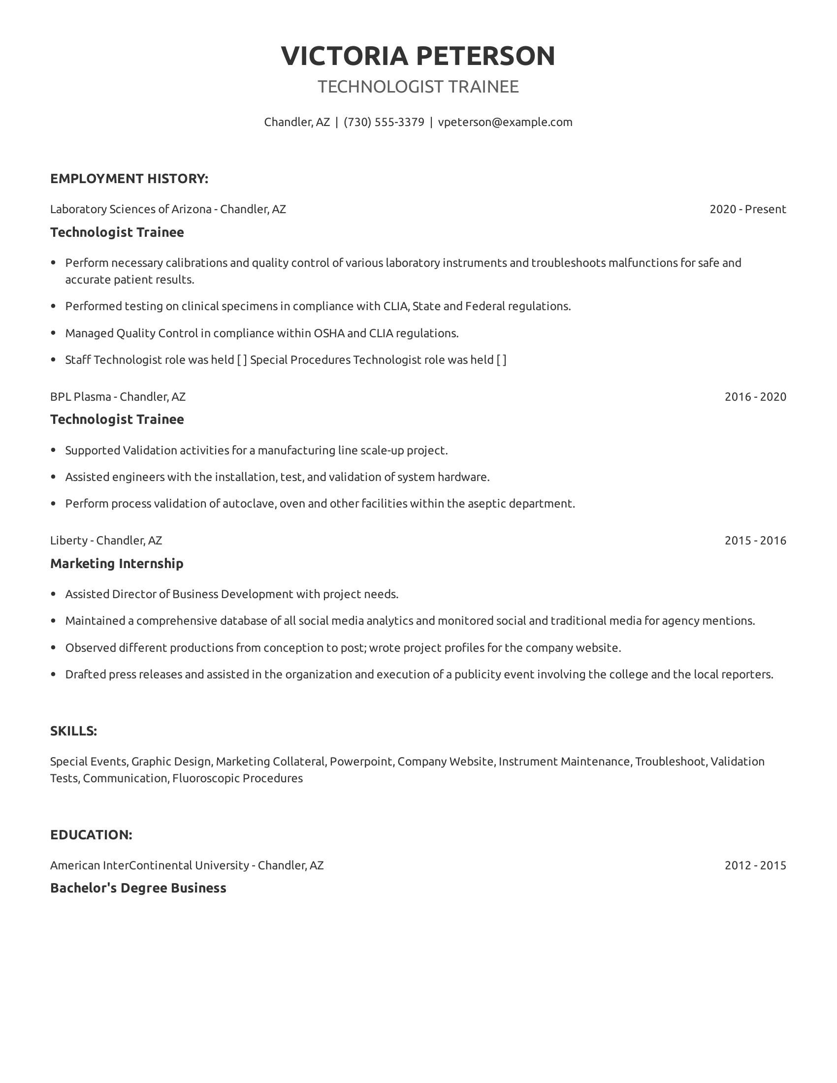 Technologist Trainee resume example