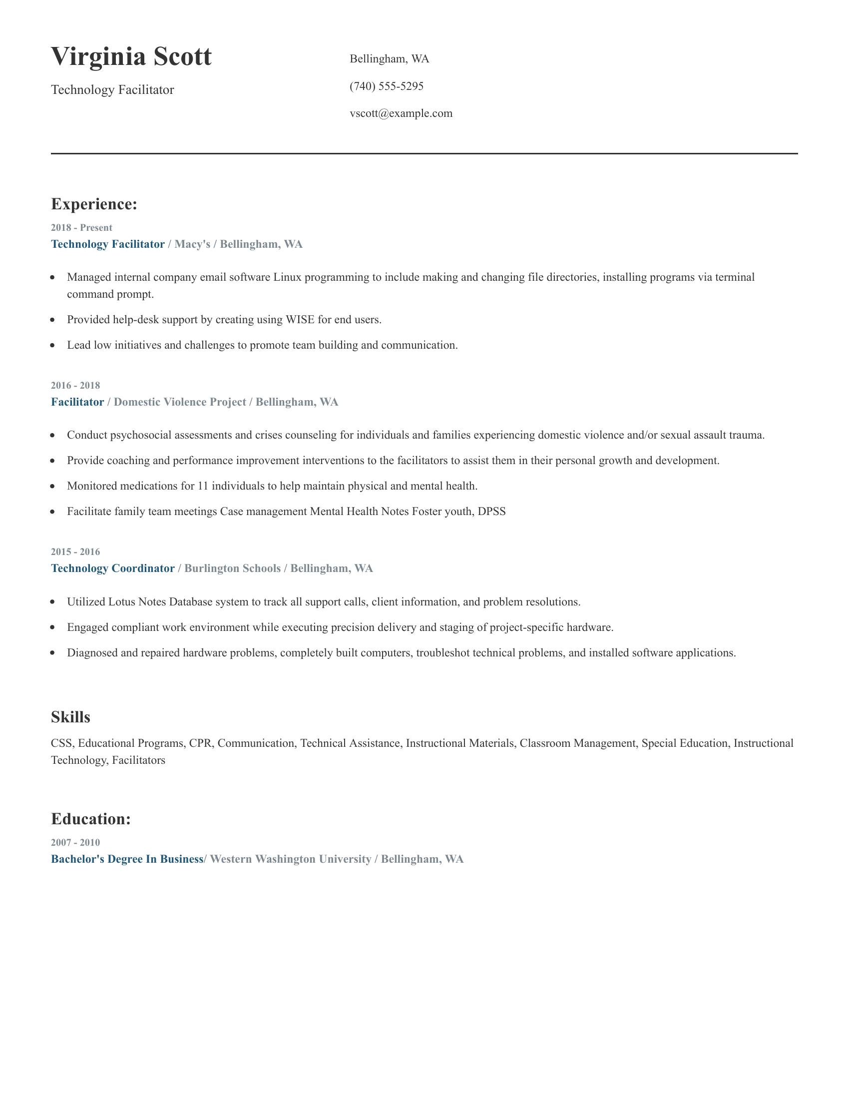 Technology Facilitator resume example