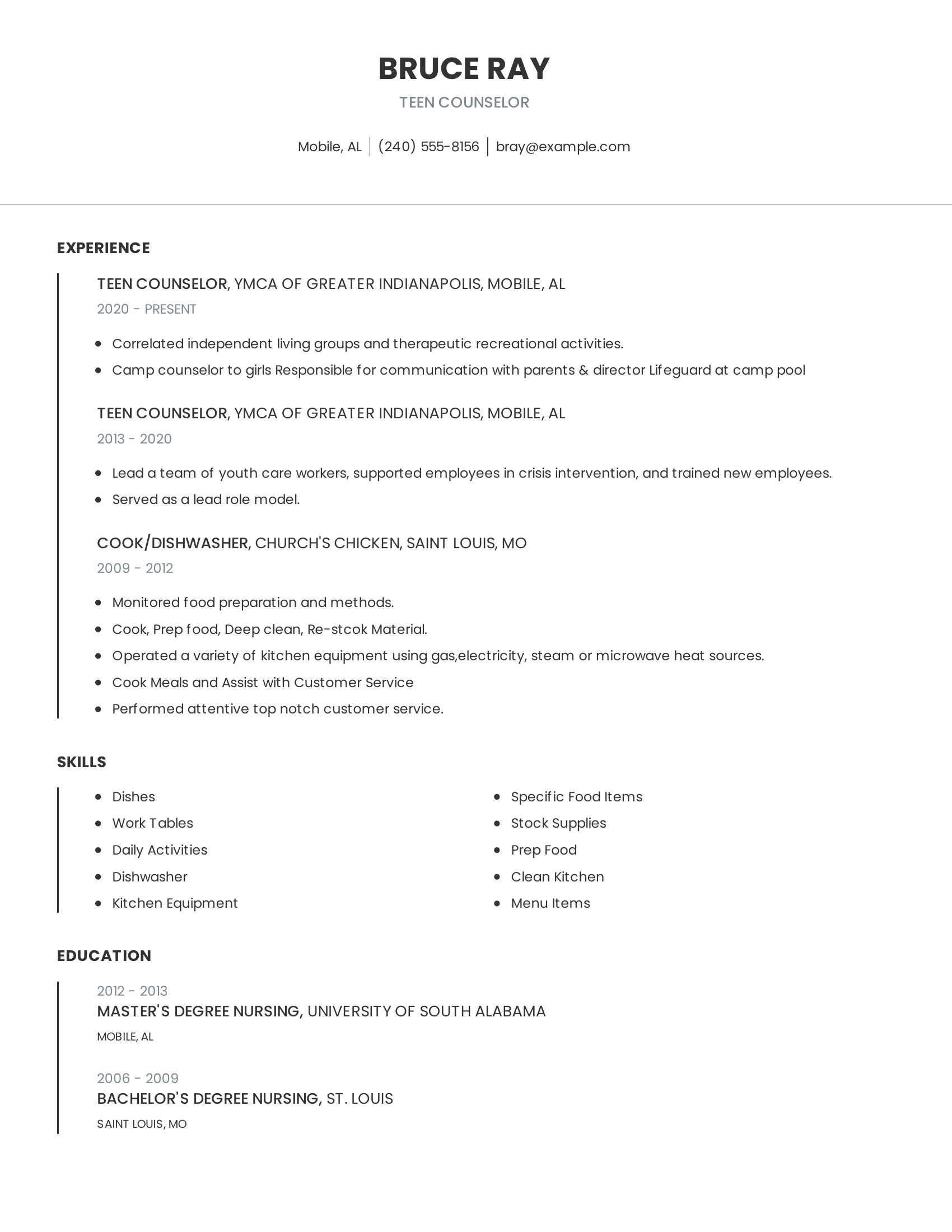 Teen Counselor resume example