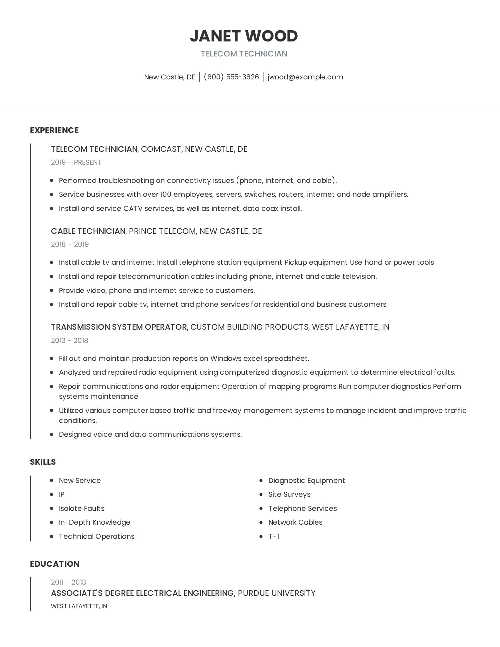 Telecom Technician resume example