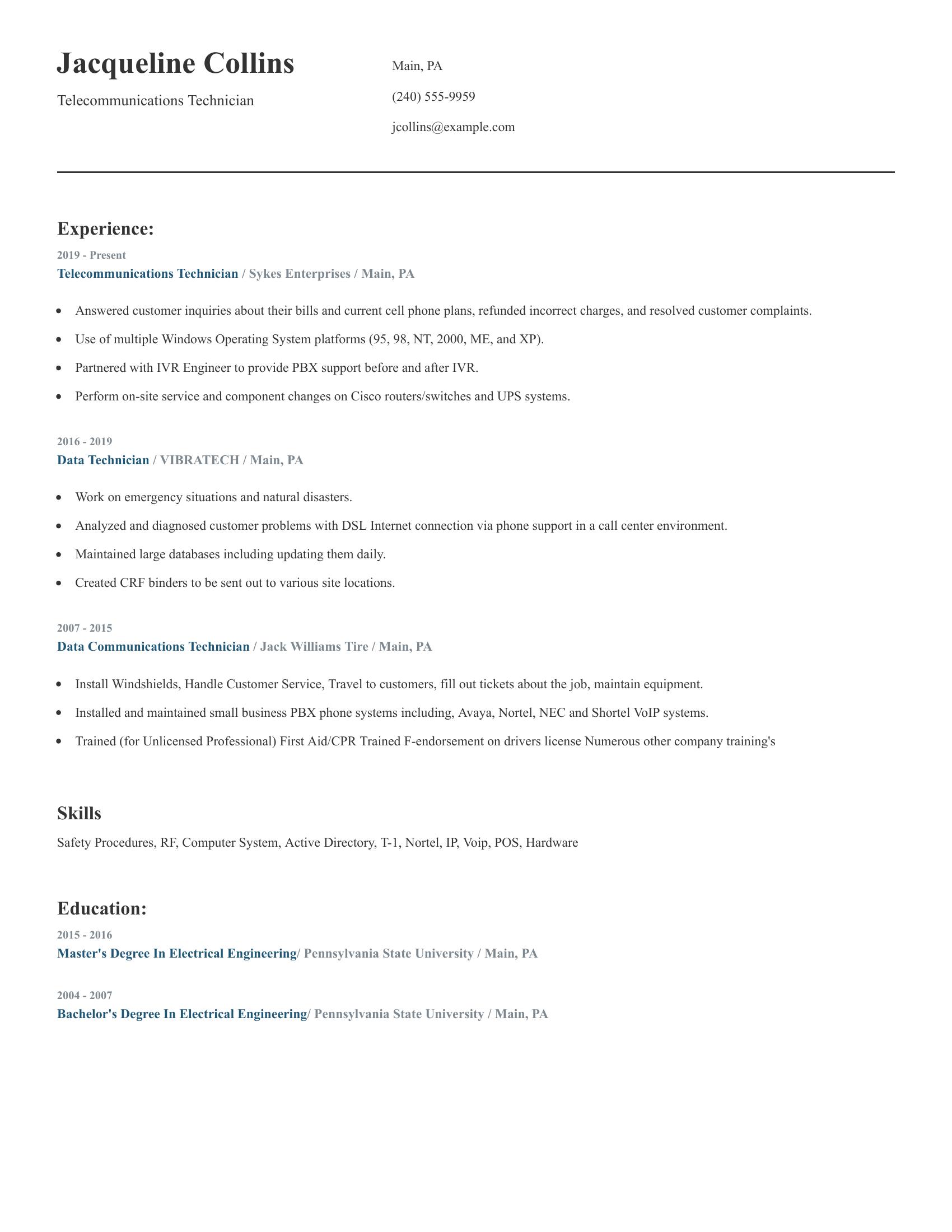 Telecommunications Technician resume example