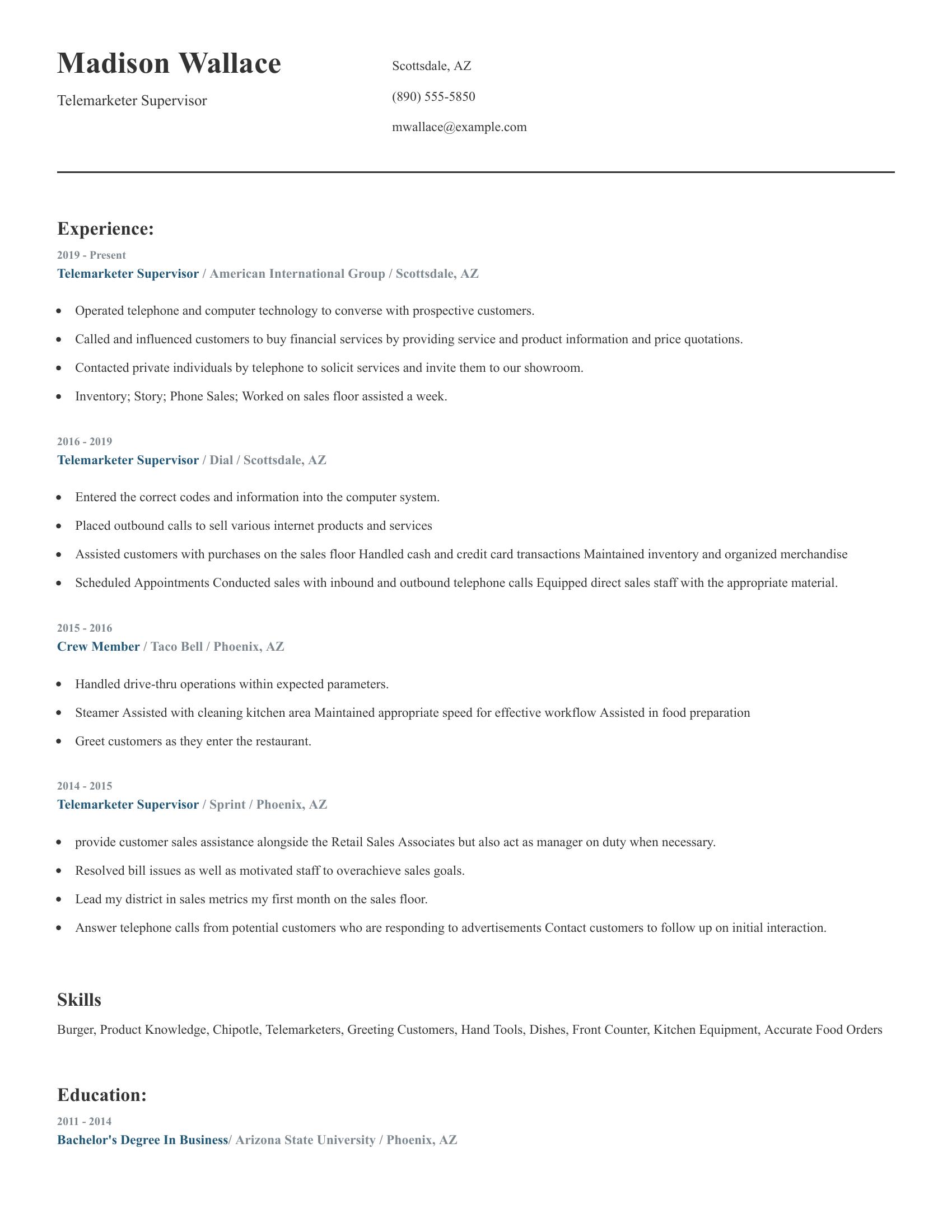 Telemarketer Supervisor resume example