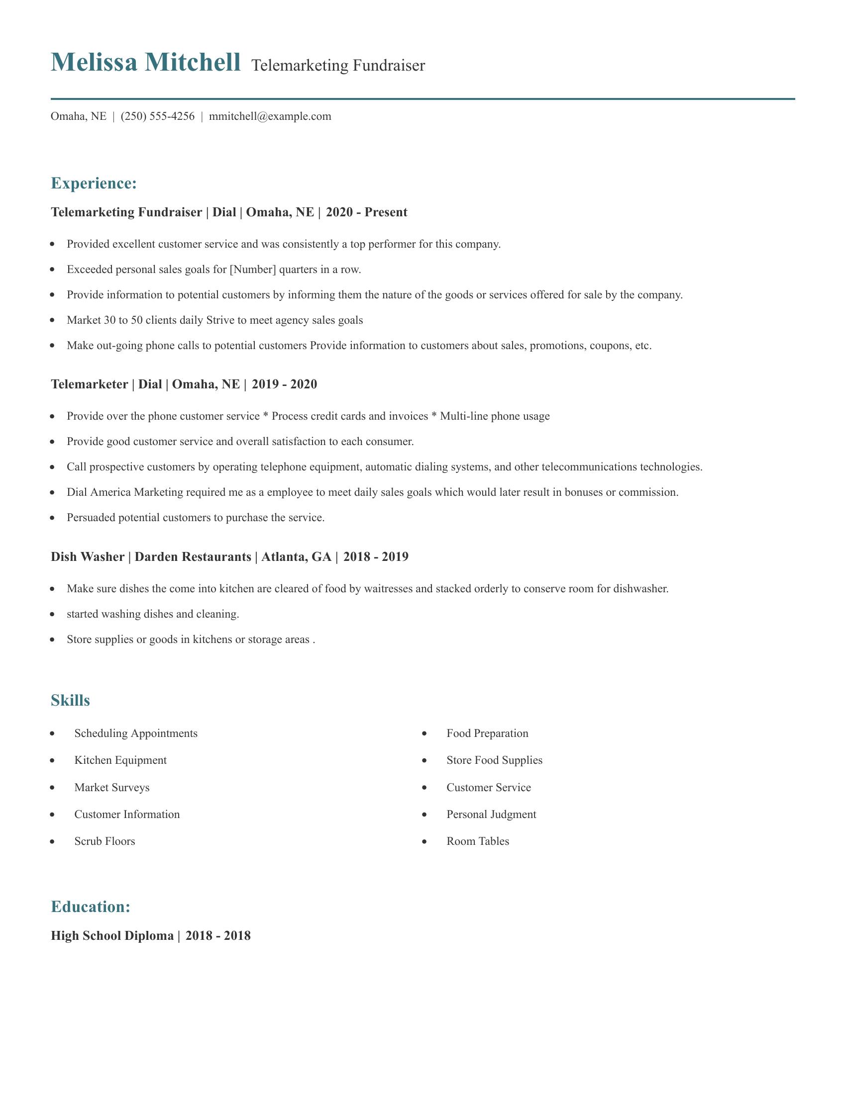 Telemarketing Fundraiser resume example