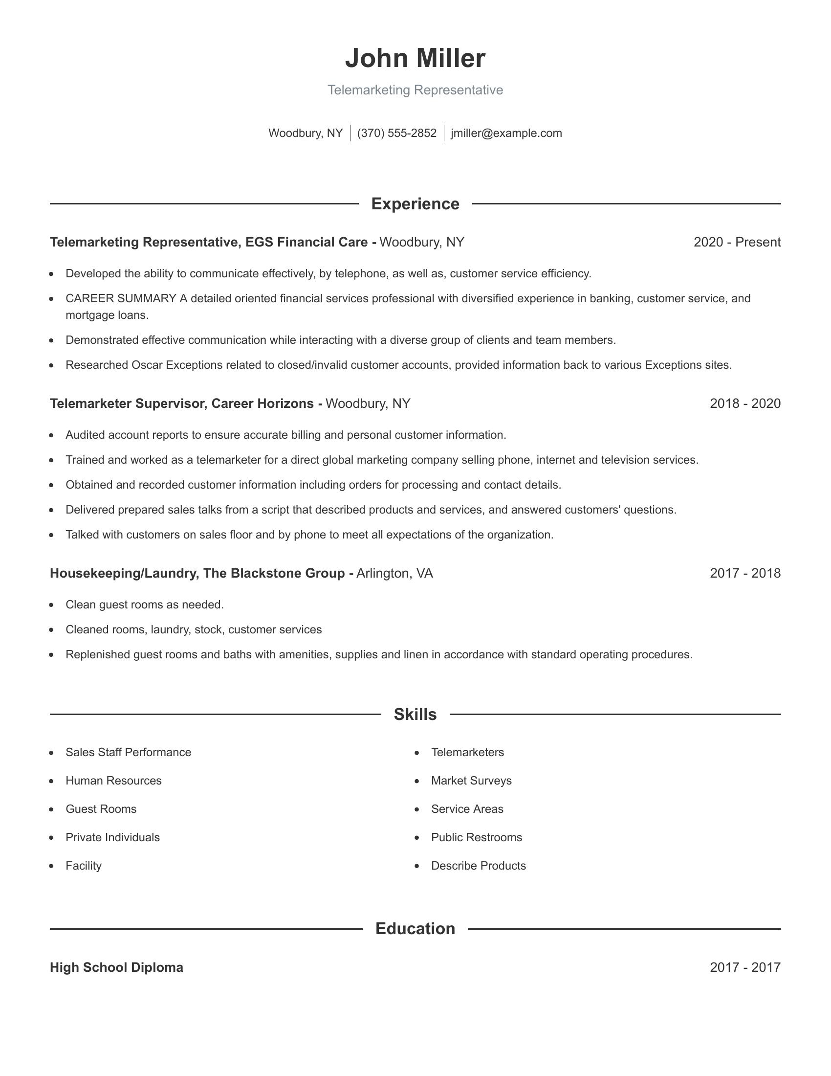 Telemarketing Representative resume example