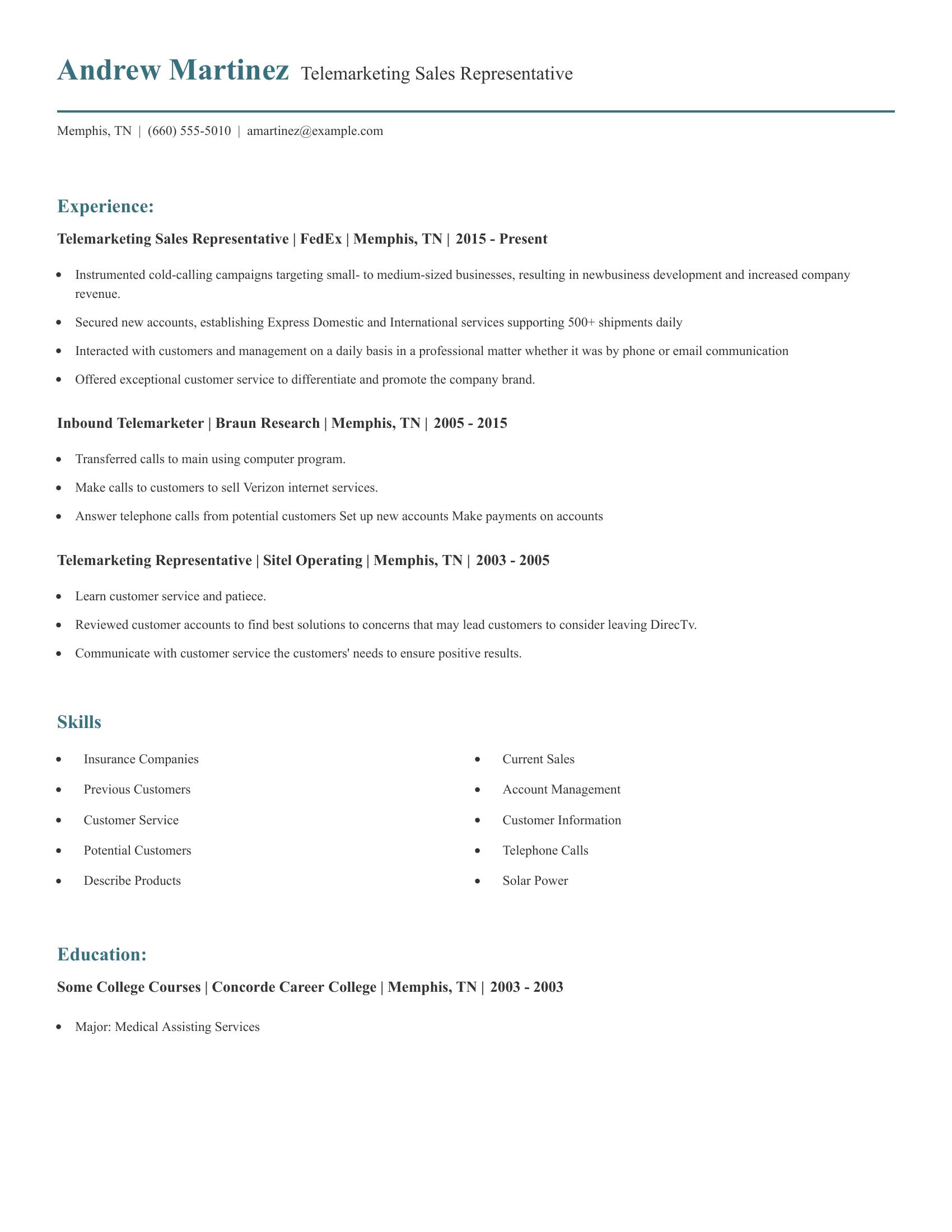 Telemarketing Sales Representative resume example