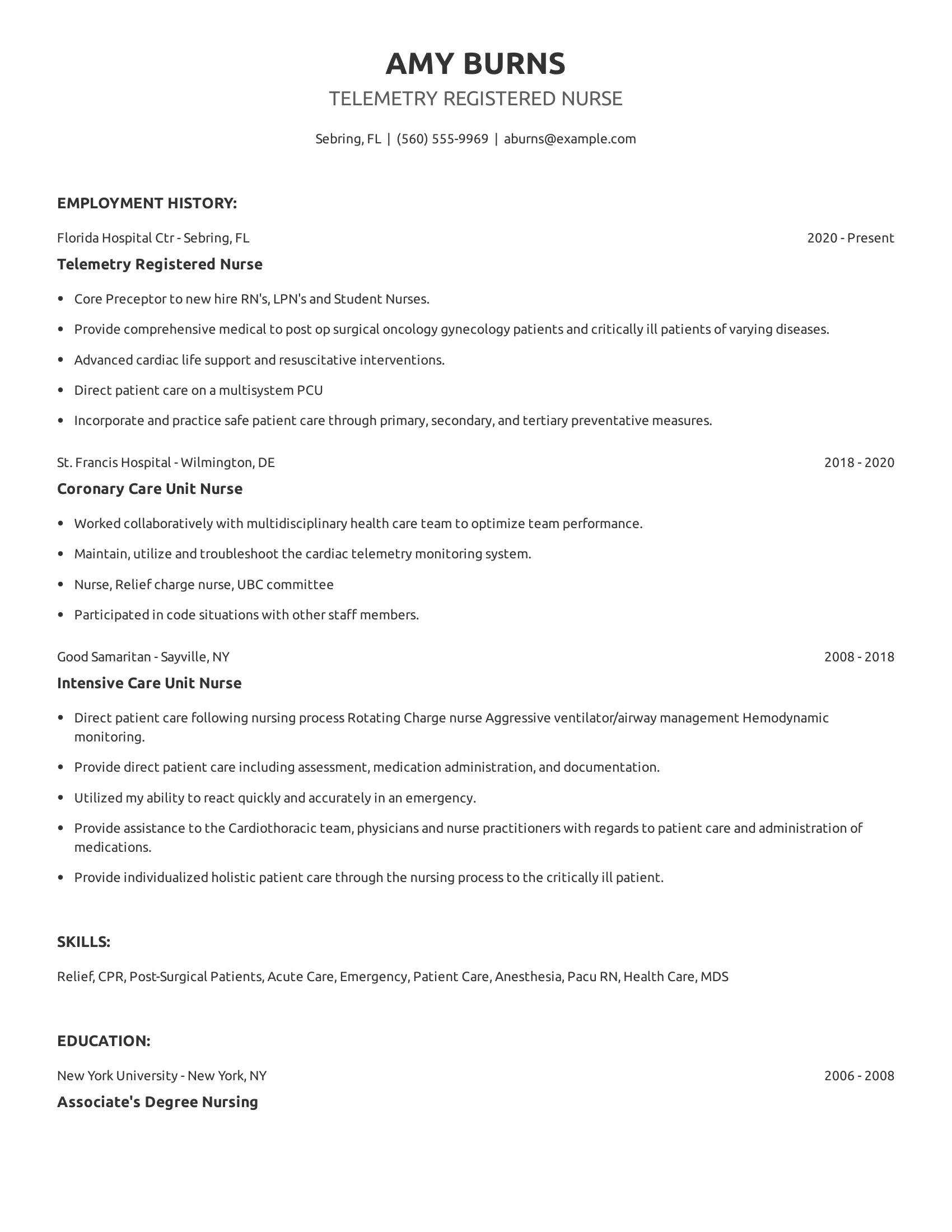 Telemetry Registered Nurse resume example