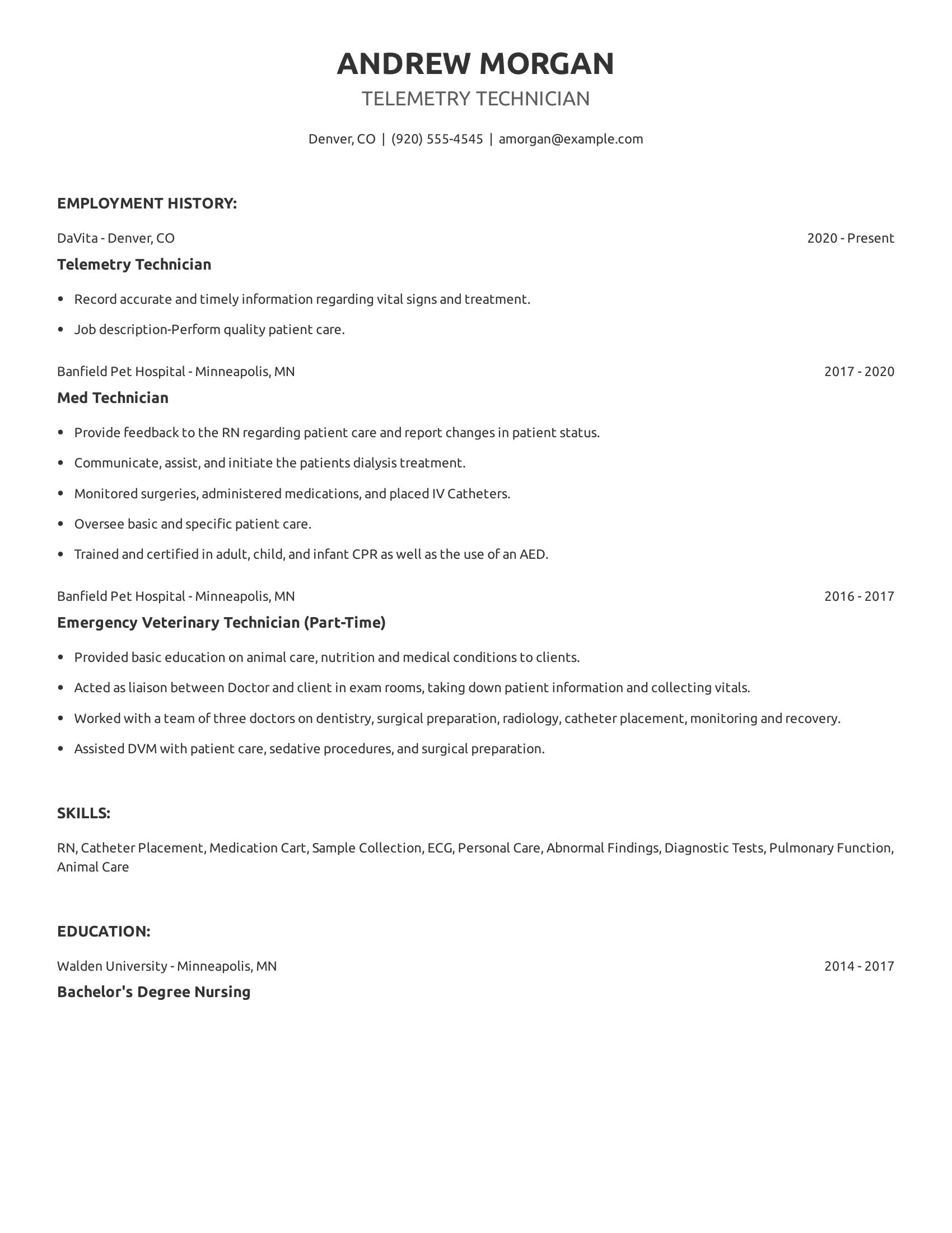 Telemetry Technician resume example