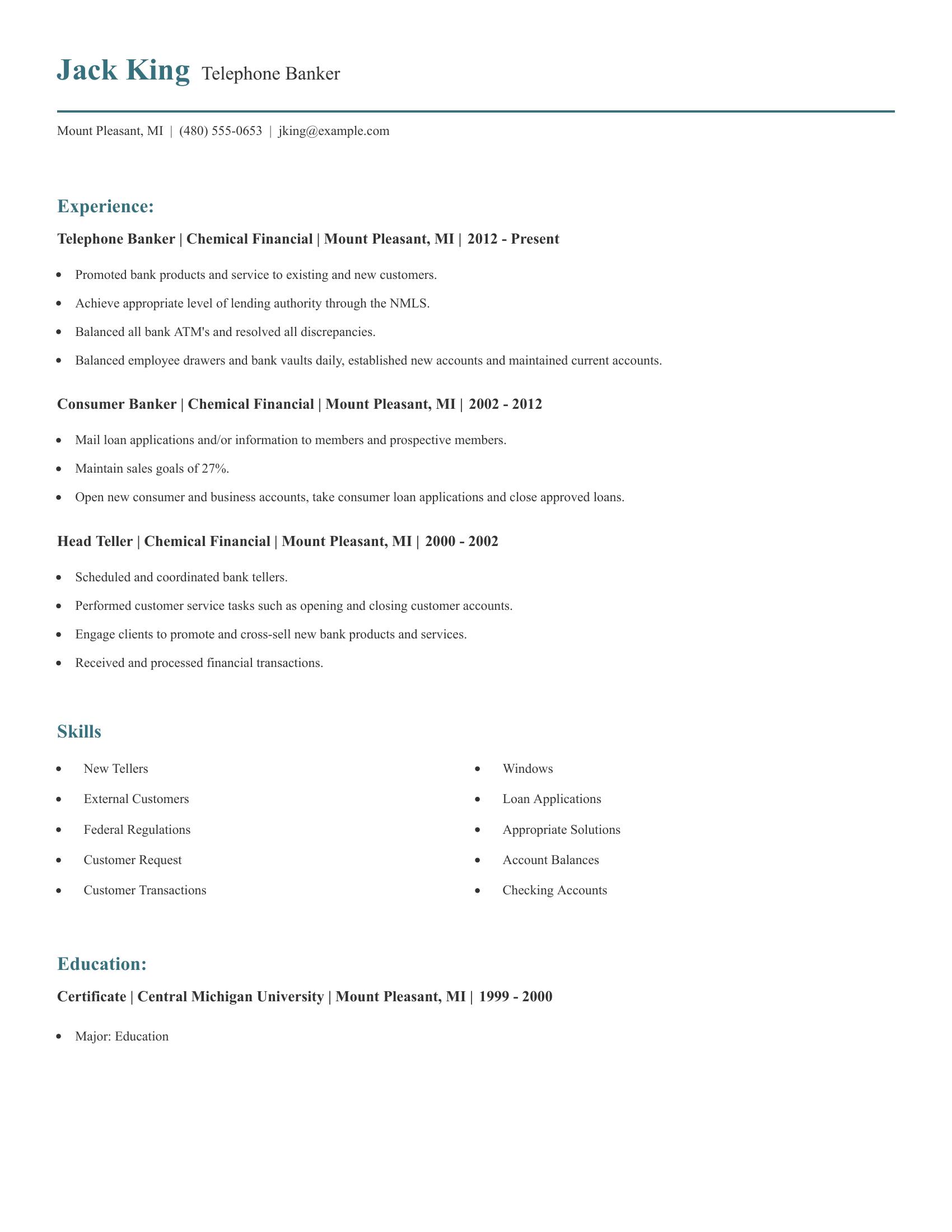 Telephone Banker resume example