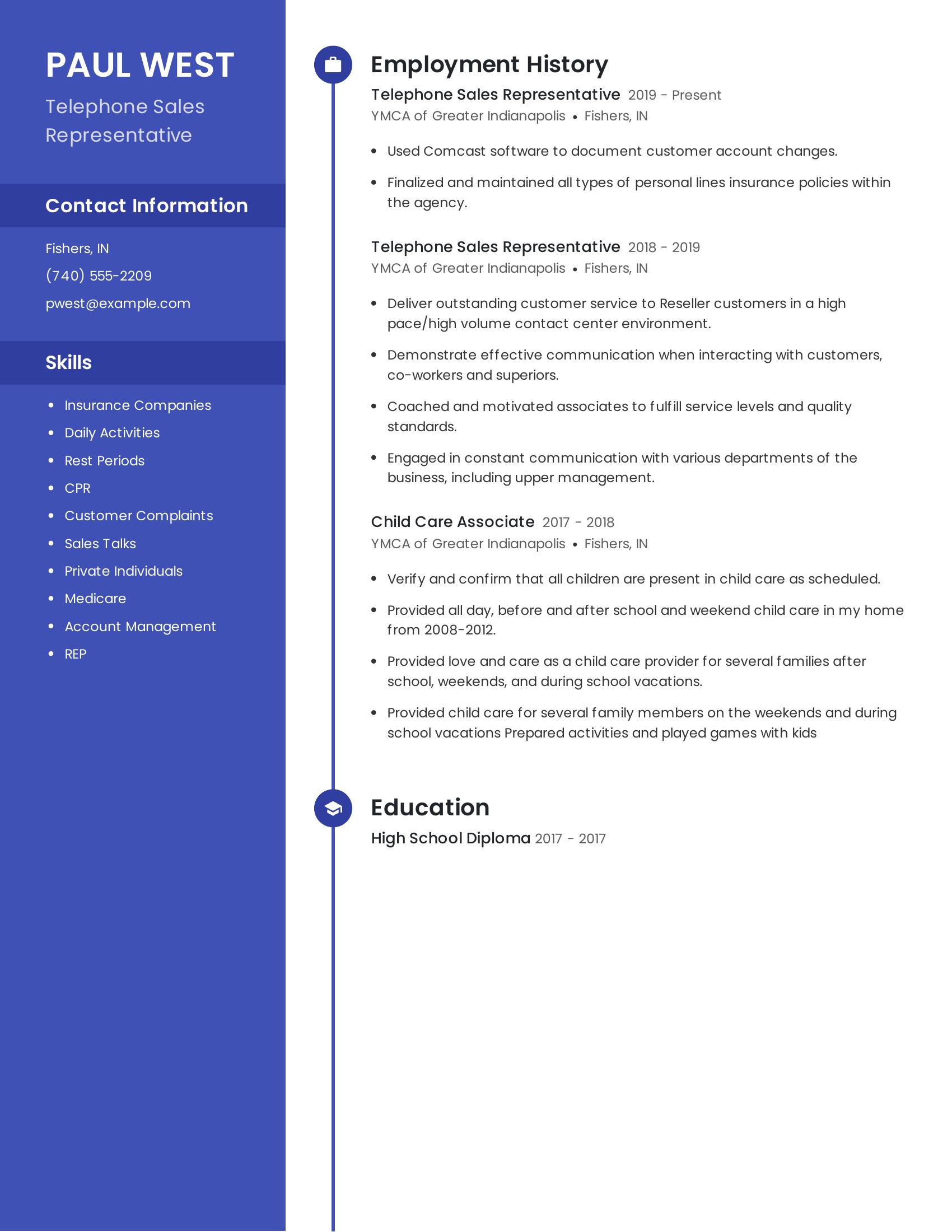 Telephone Sales Representative resume example