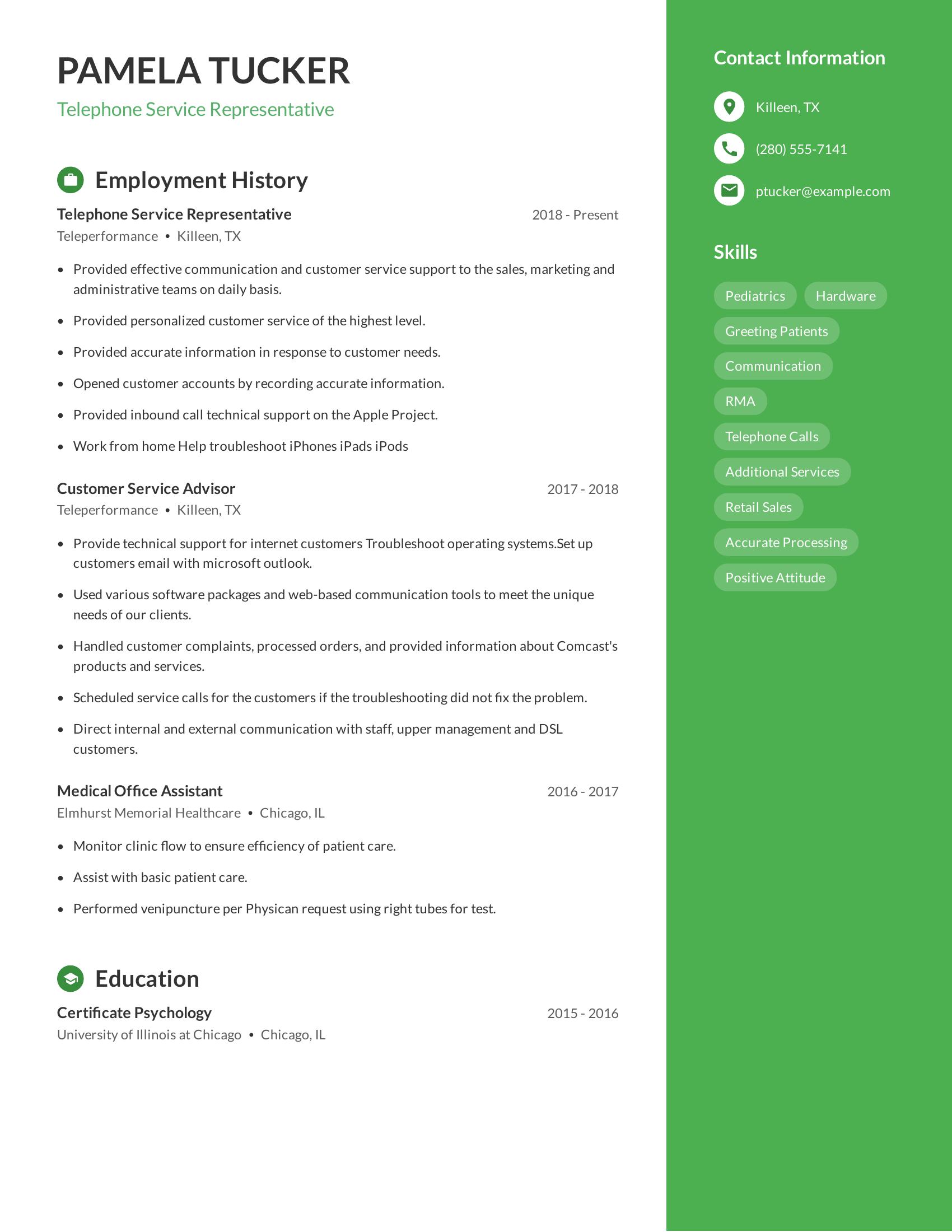 Telephone Service Representative resume example