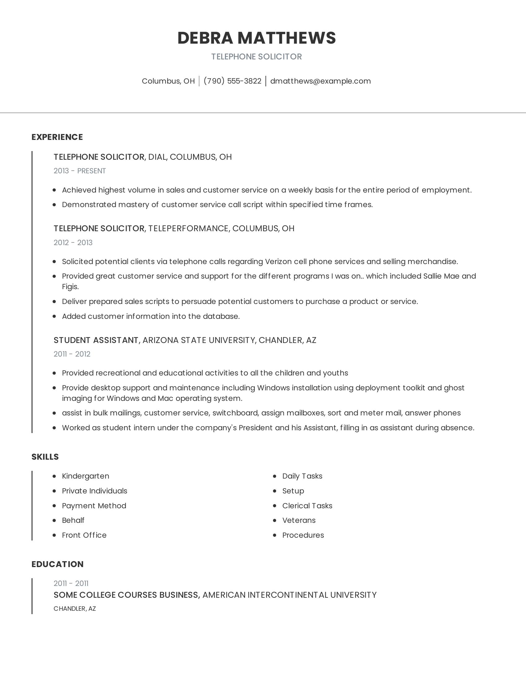 Telephone Solicitor resume example