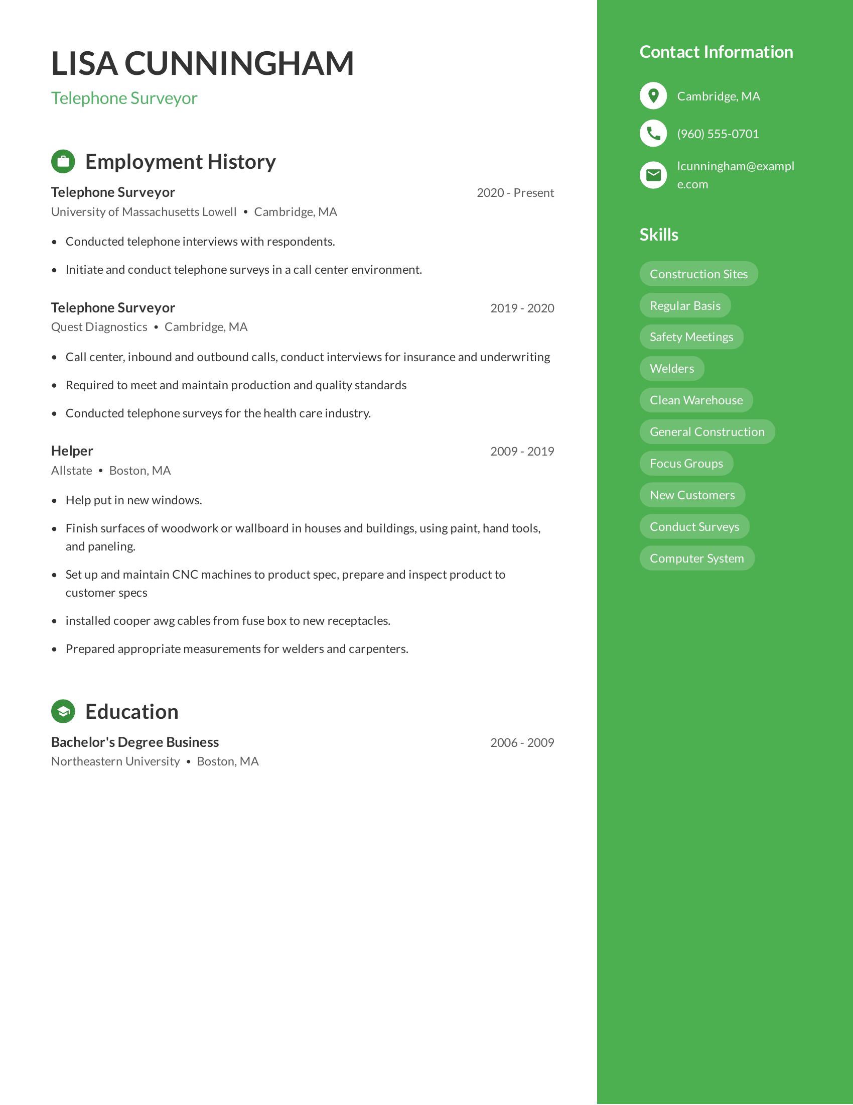 Telephone Surveyor resume example