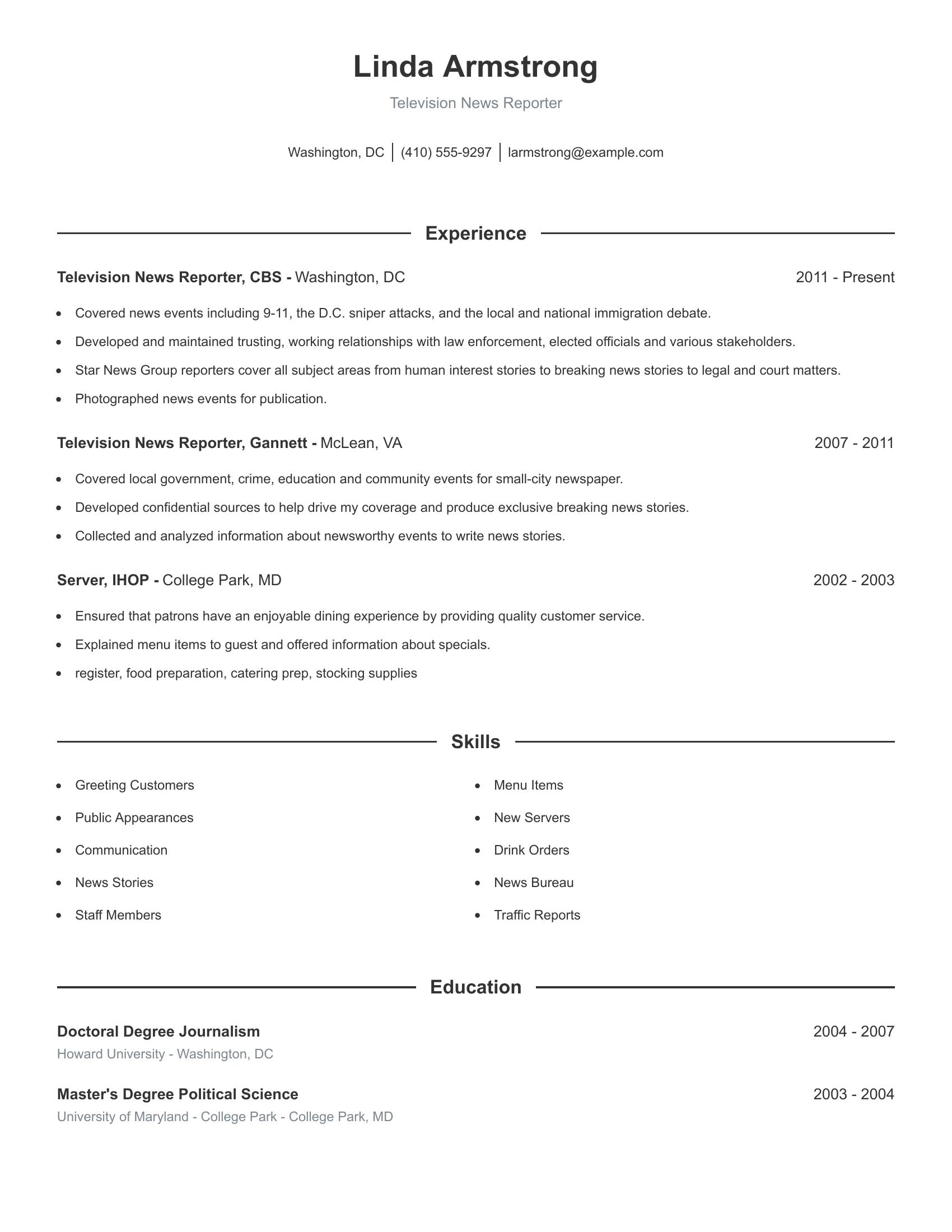 Television News Reporter resume example