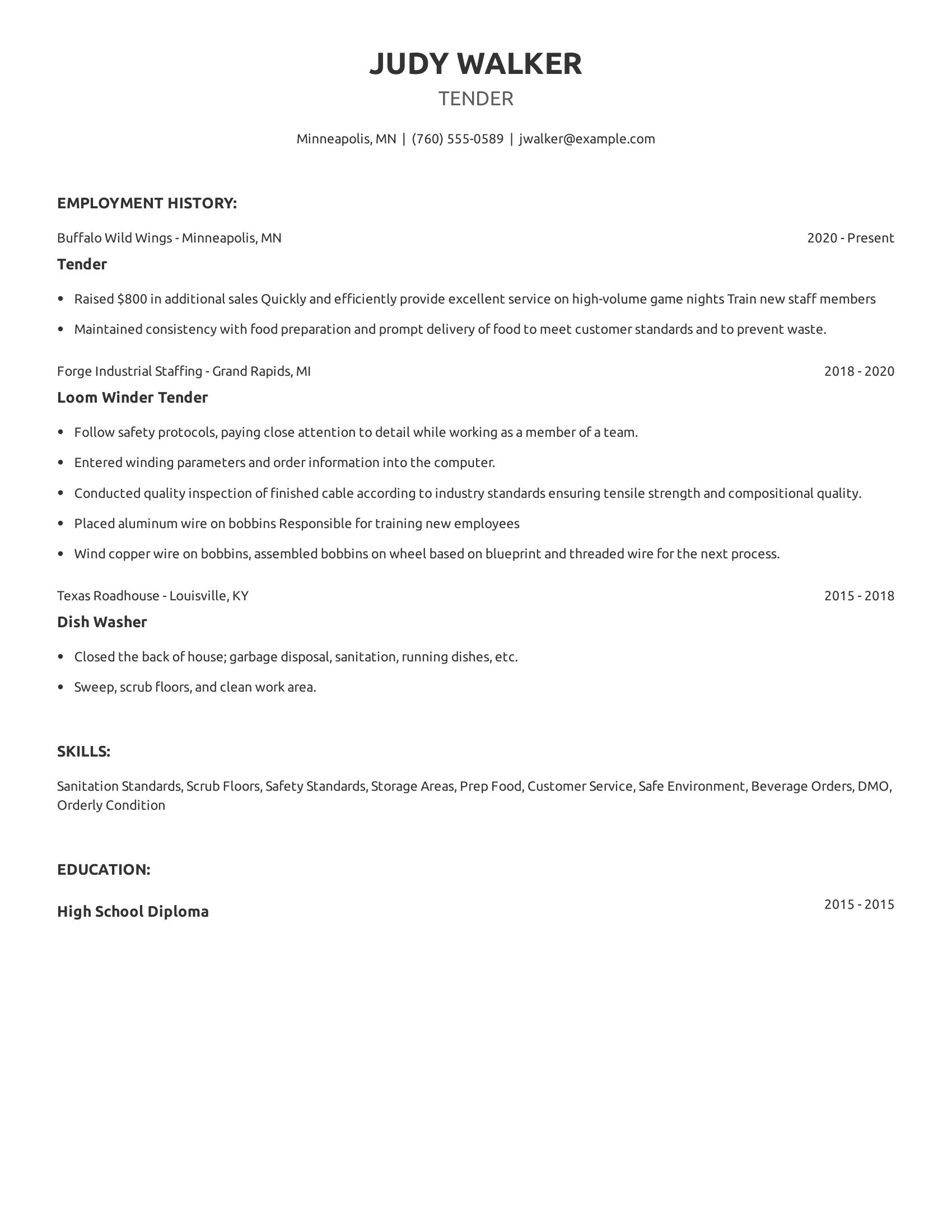 Tender resume example