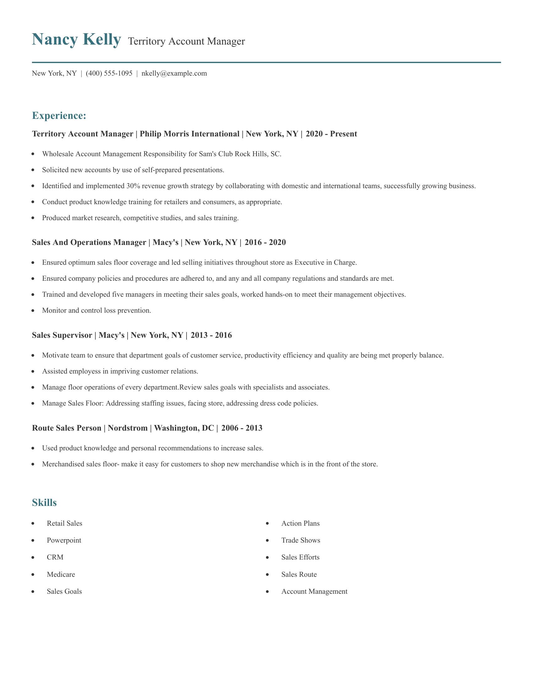 Territory Account Manager resume example