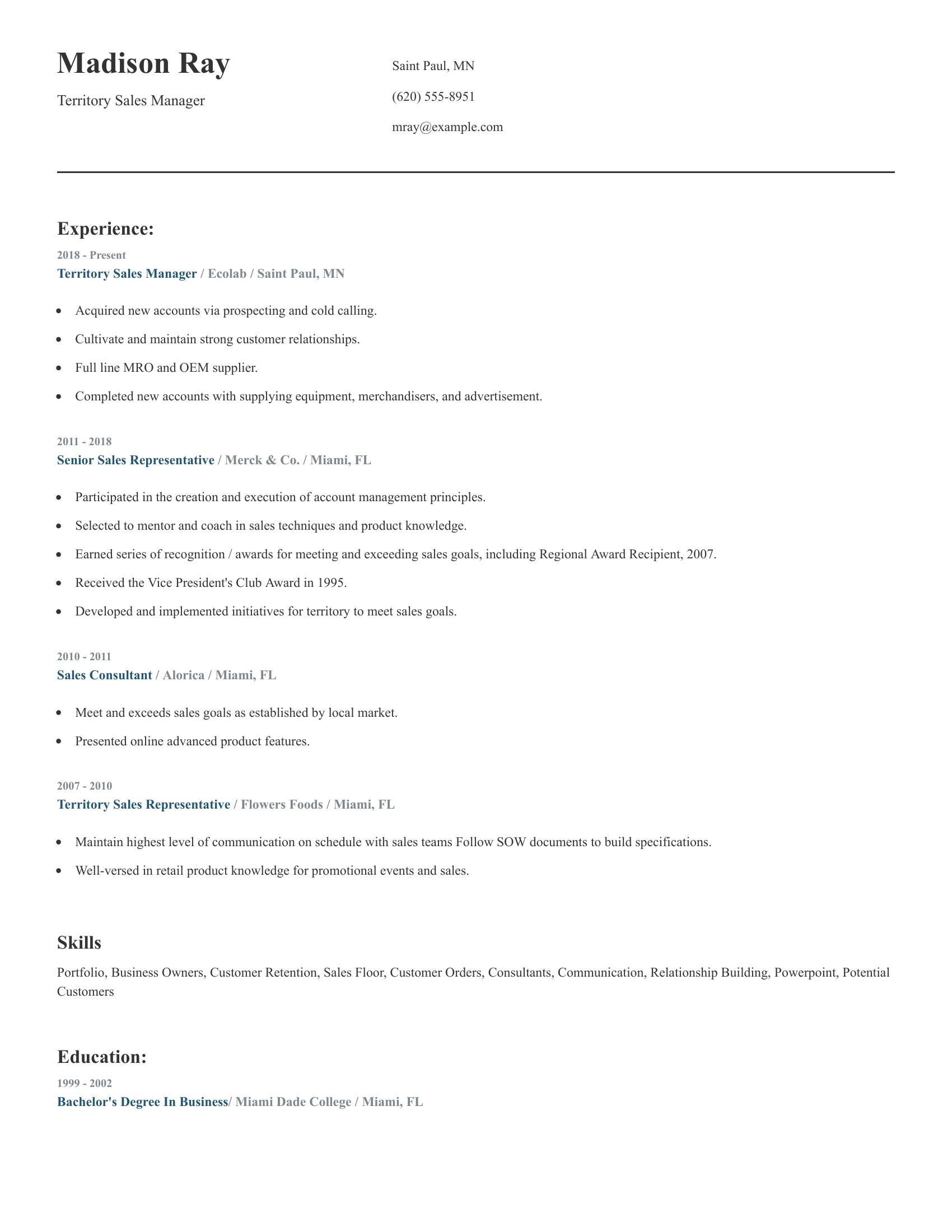 Territory Sales Manager resume example