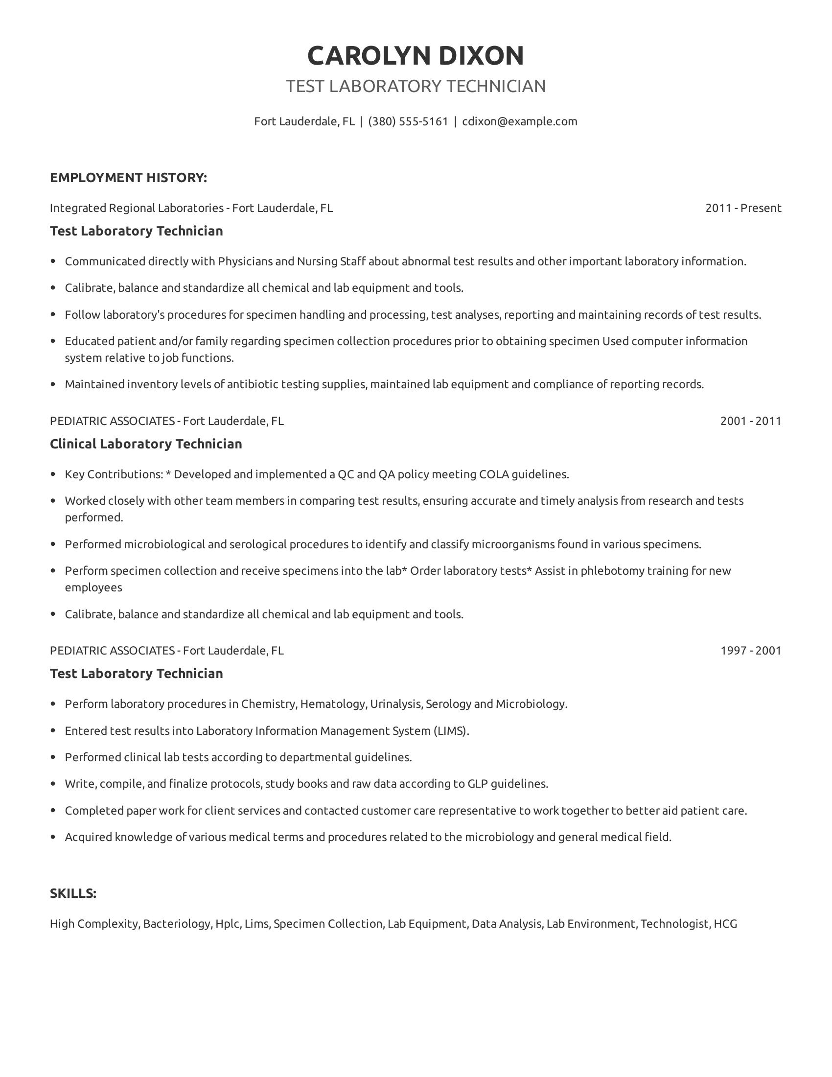 Test Laboratory Technician resume example