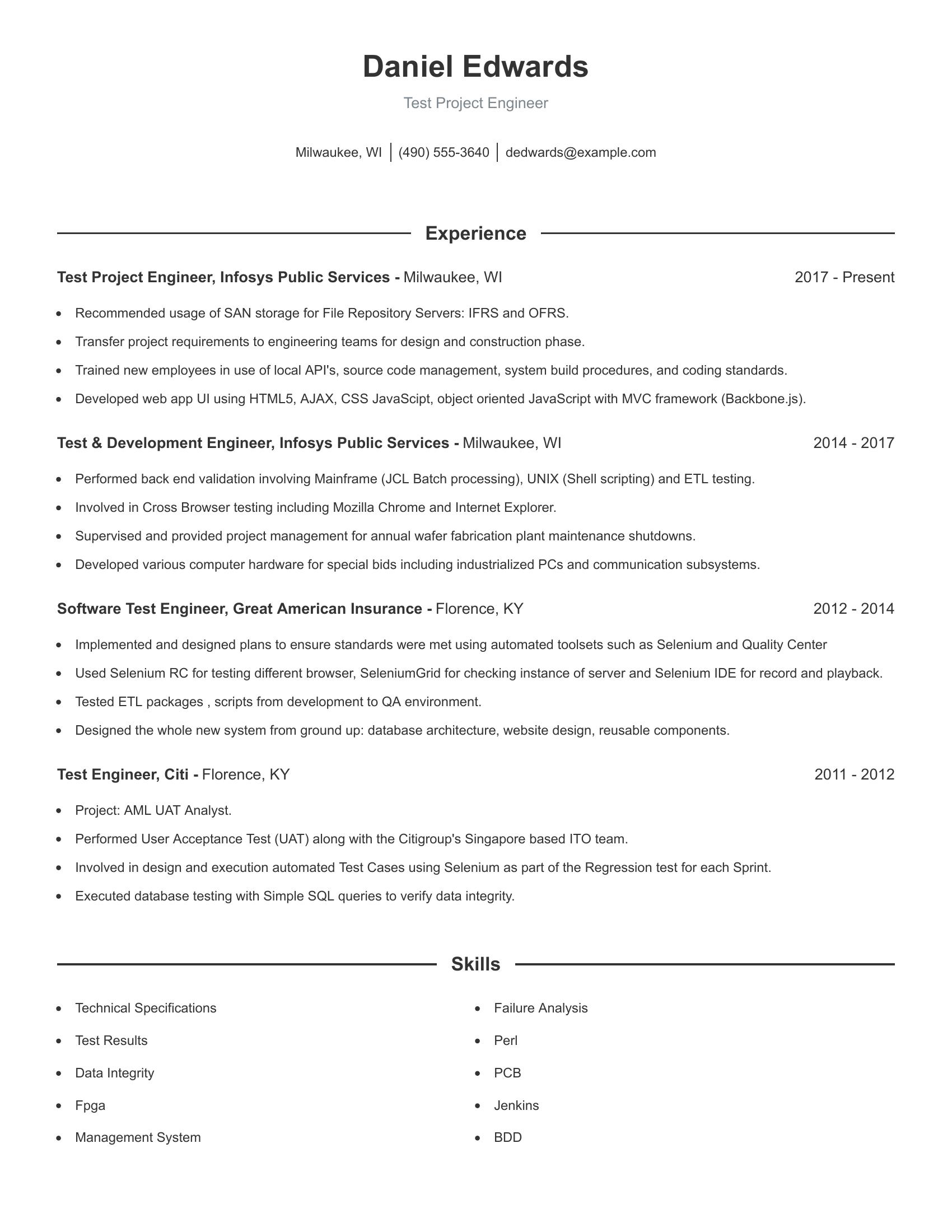 Test Project Engineer resume example