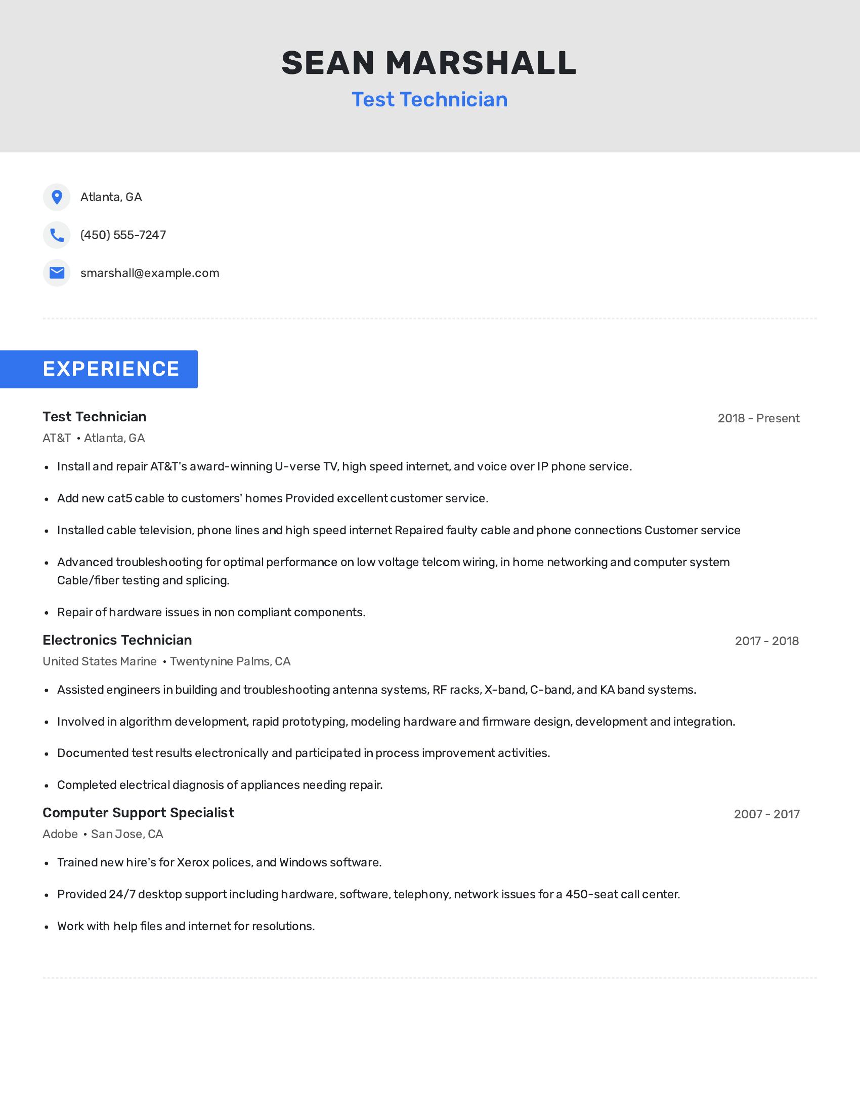 Test Technician resume example