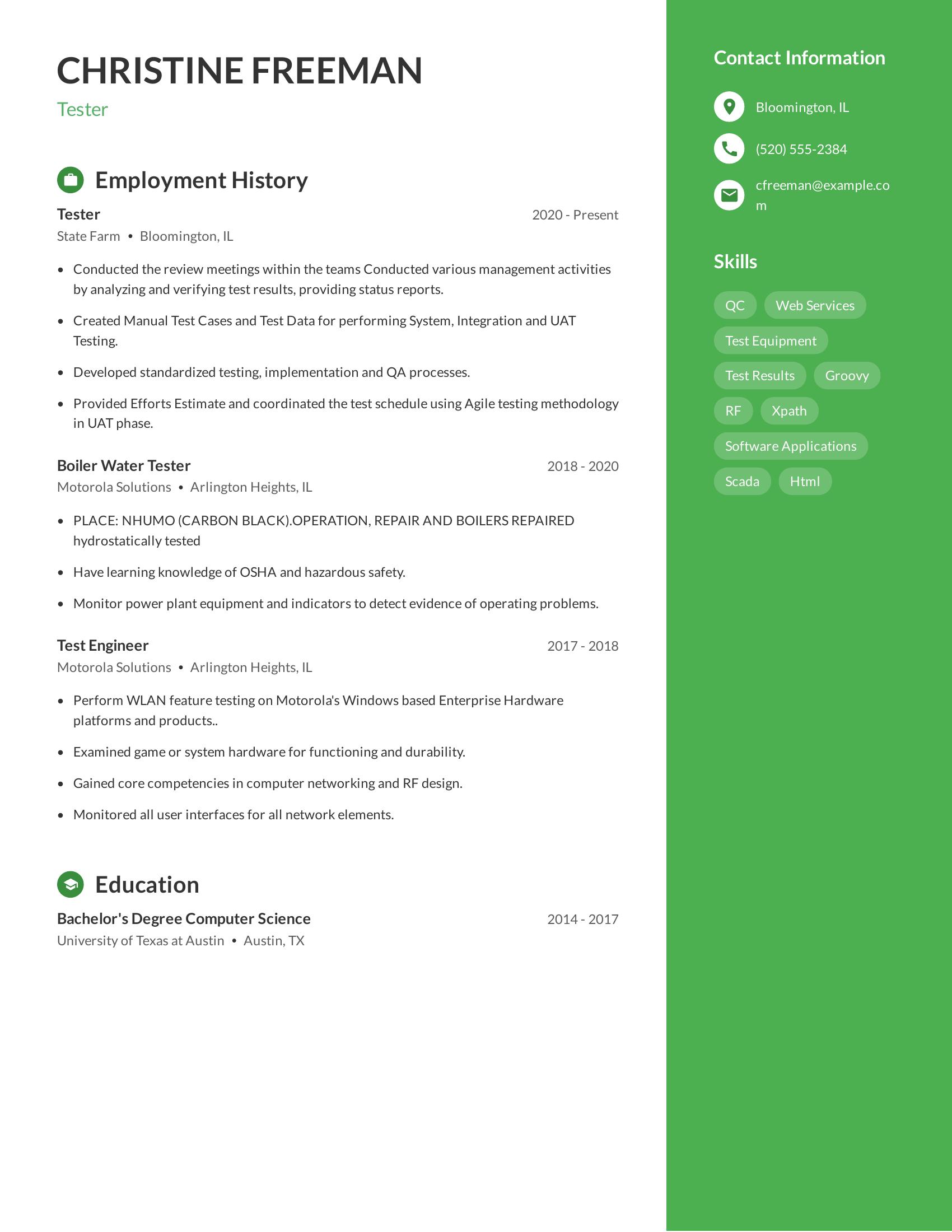 Tester resume example