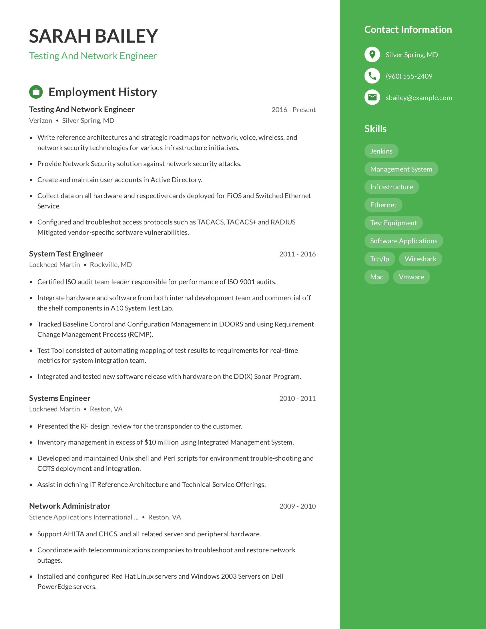 Testing And Network Engineer resume example