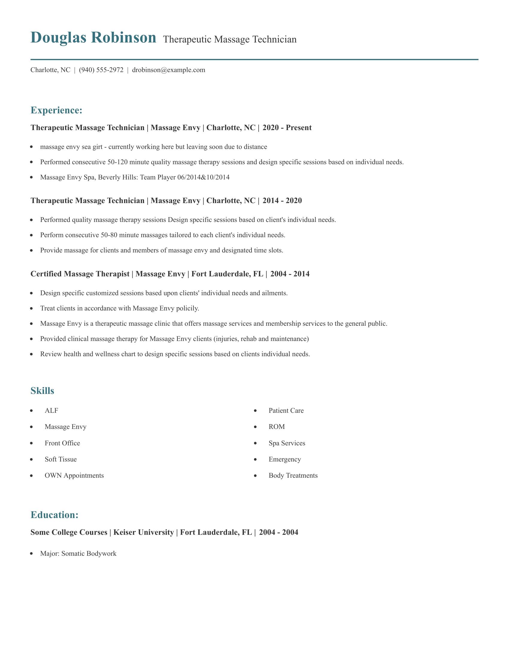 Therapeutic Massage Technician resume example