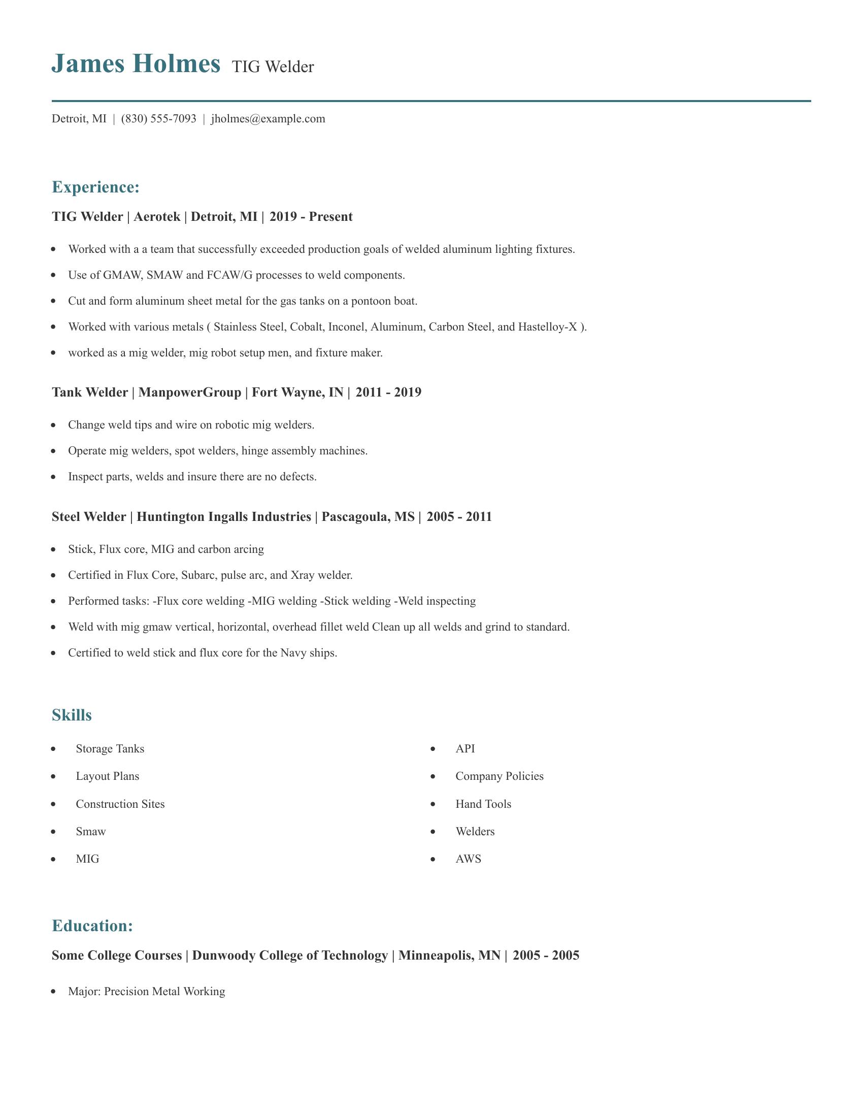 TIG Welder resume example