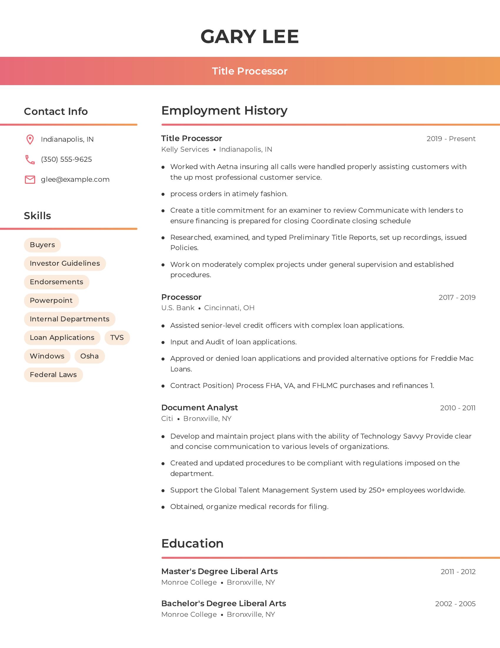 Title Processor resume example