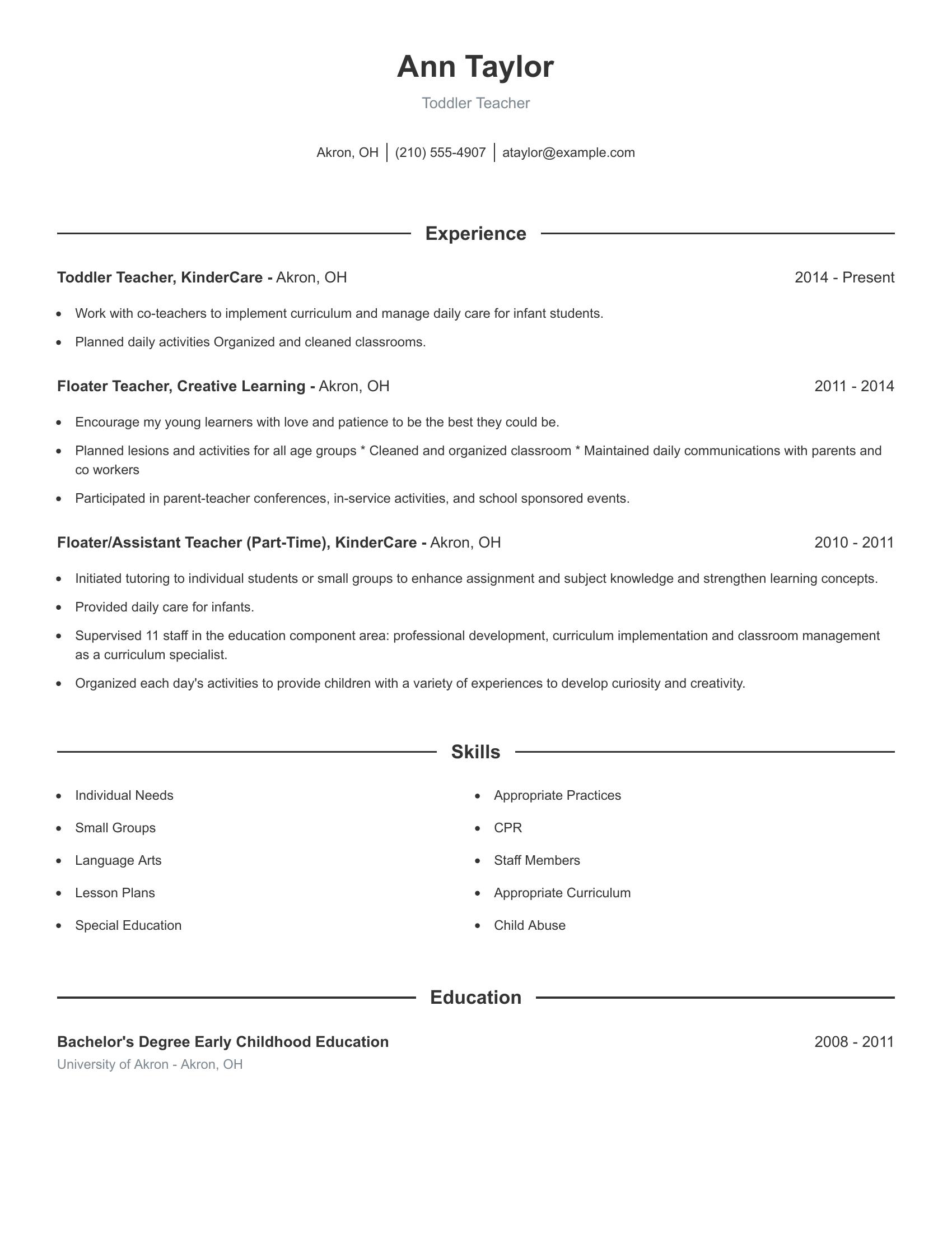 Toddler Teacher resume example