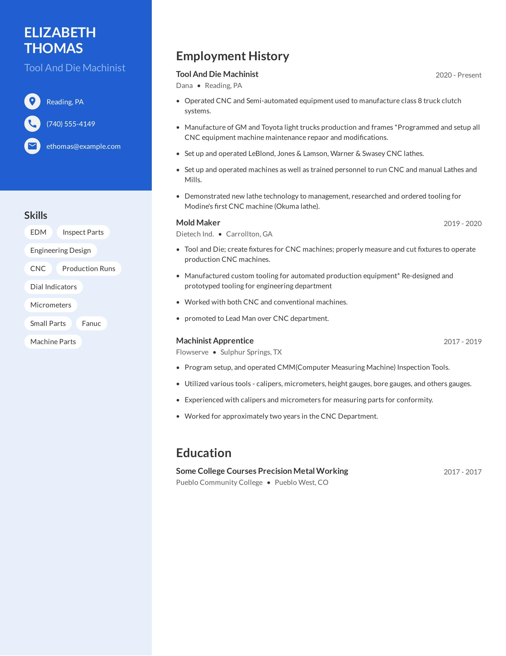 Tool And Die Machinist resume example