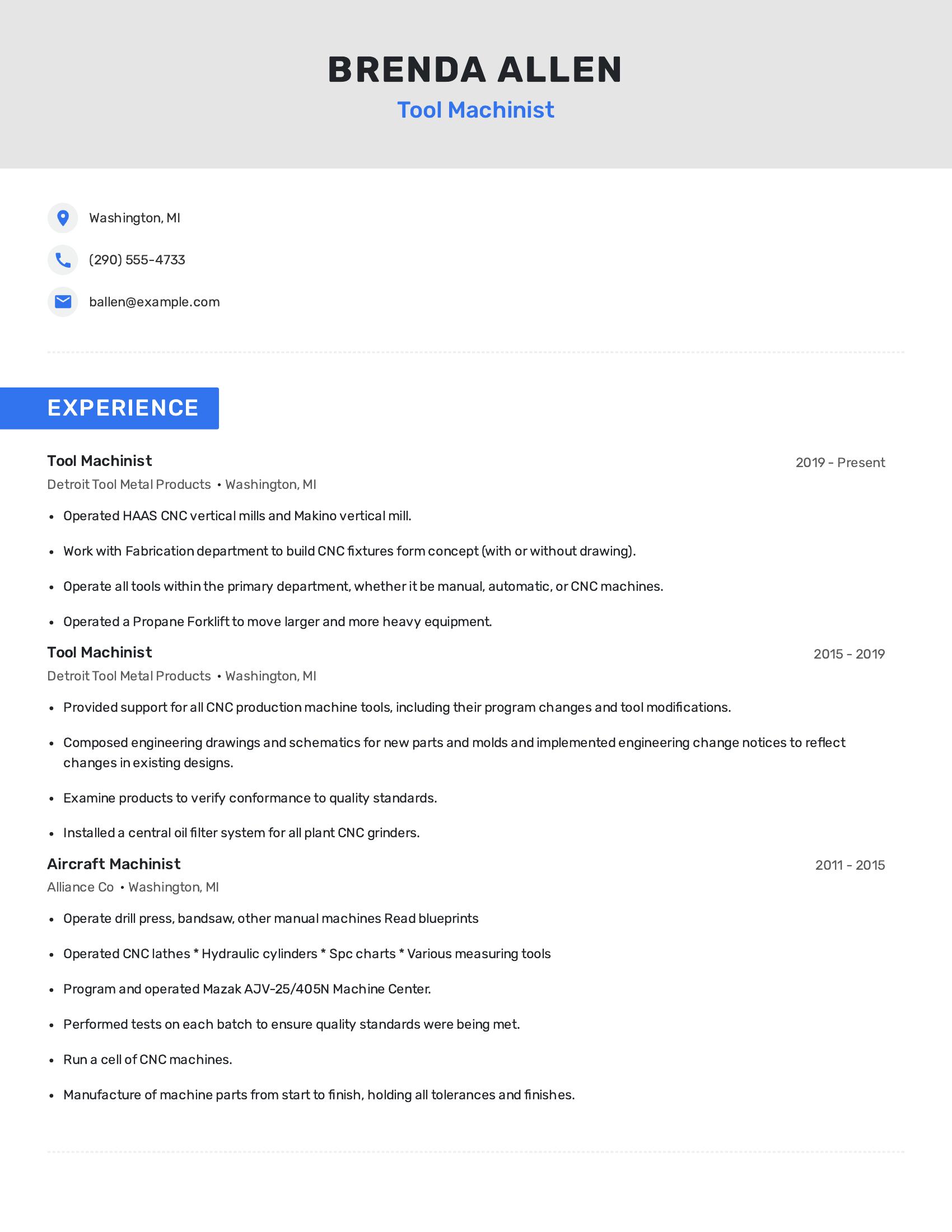 Tool Machinist resume example
