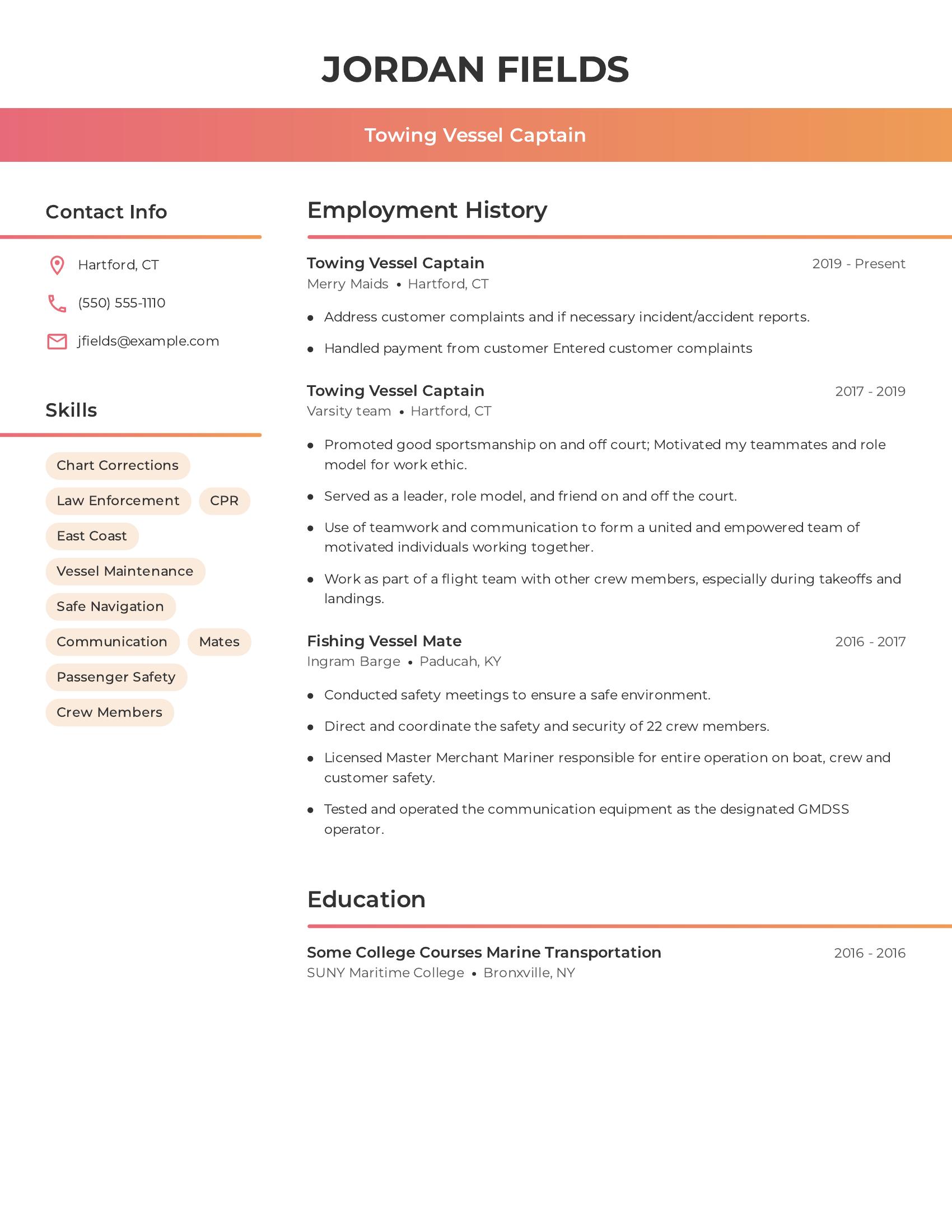 Towing Vessel Captain resume example