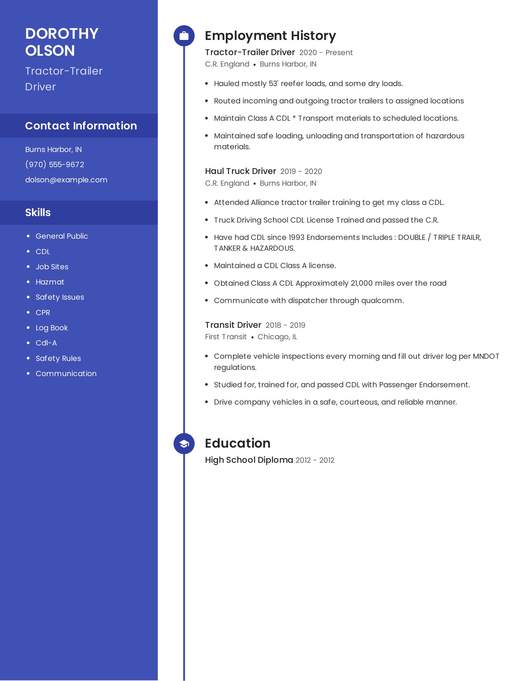 Tractor-Trailer Driver resume example