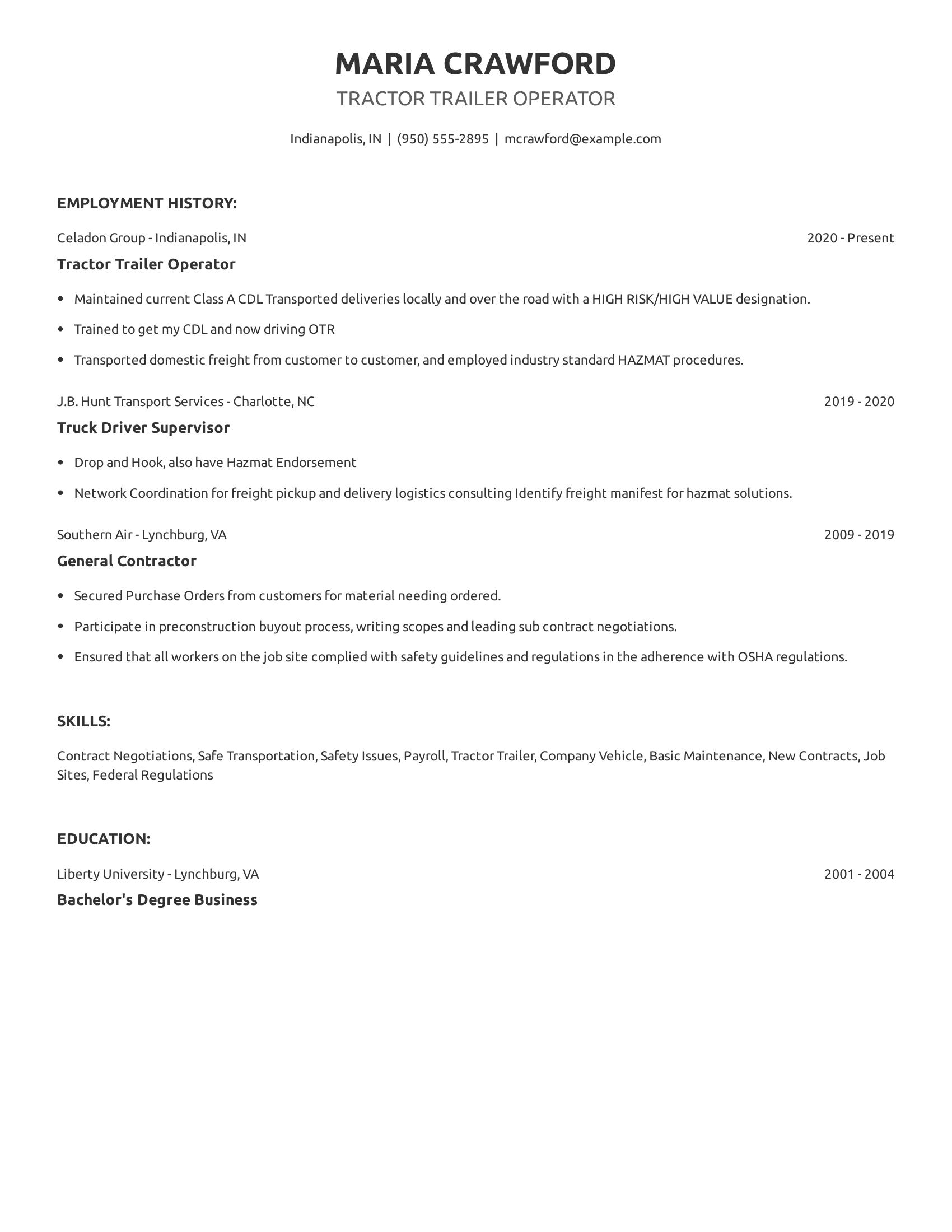 Tractor Trailer Operator resume example