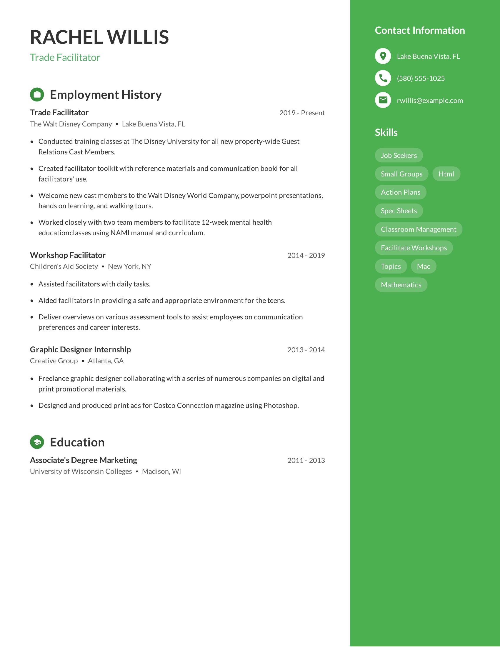 Trade Facilitator resume example