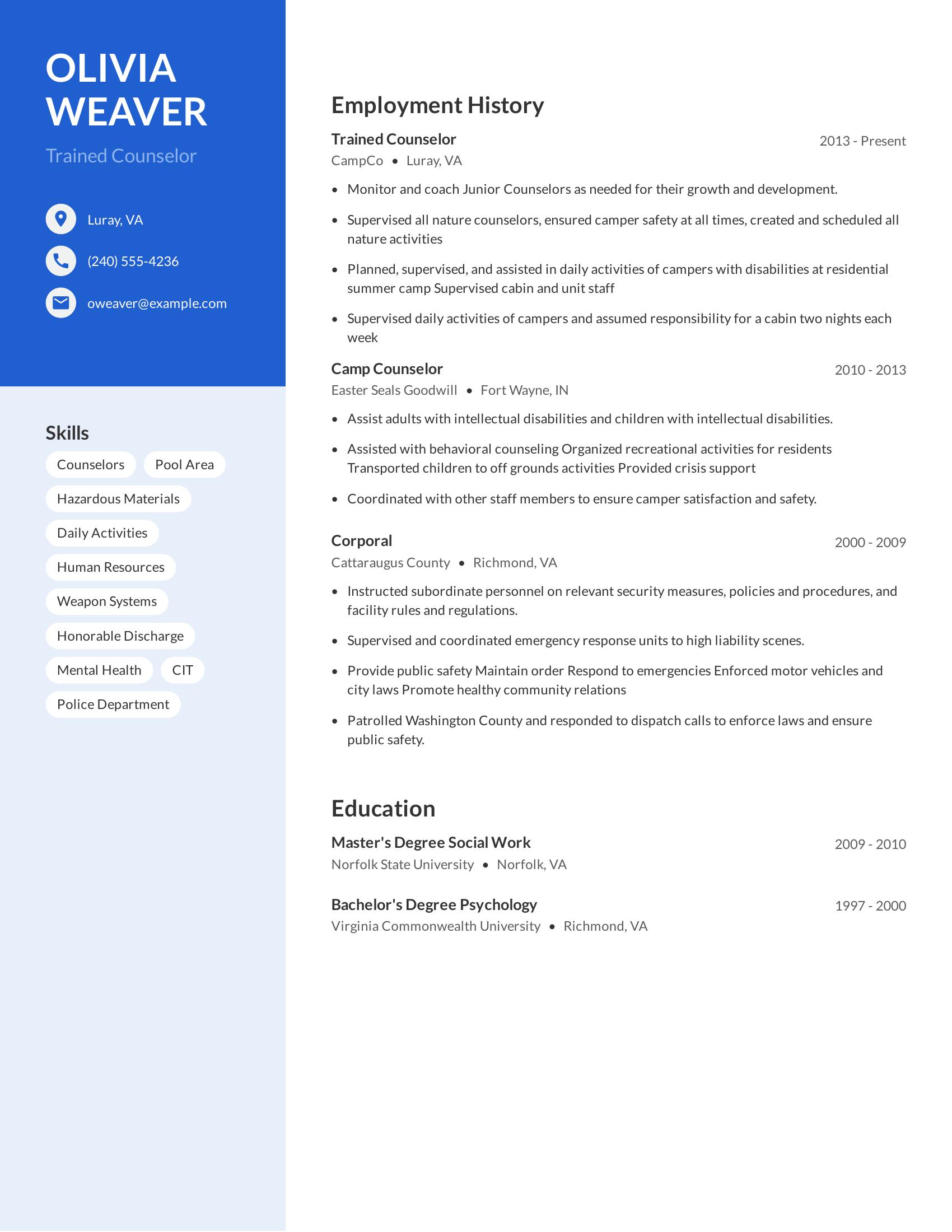 Trained Counselor resume example