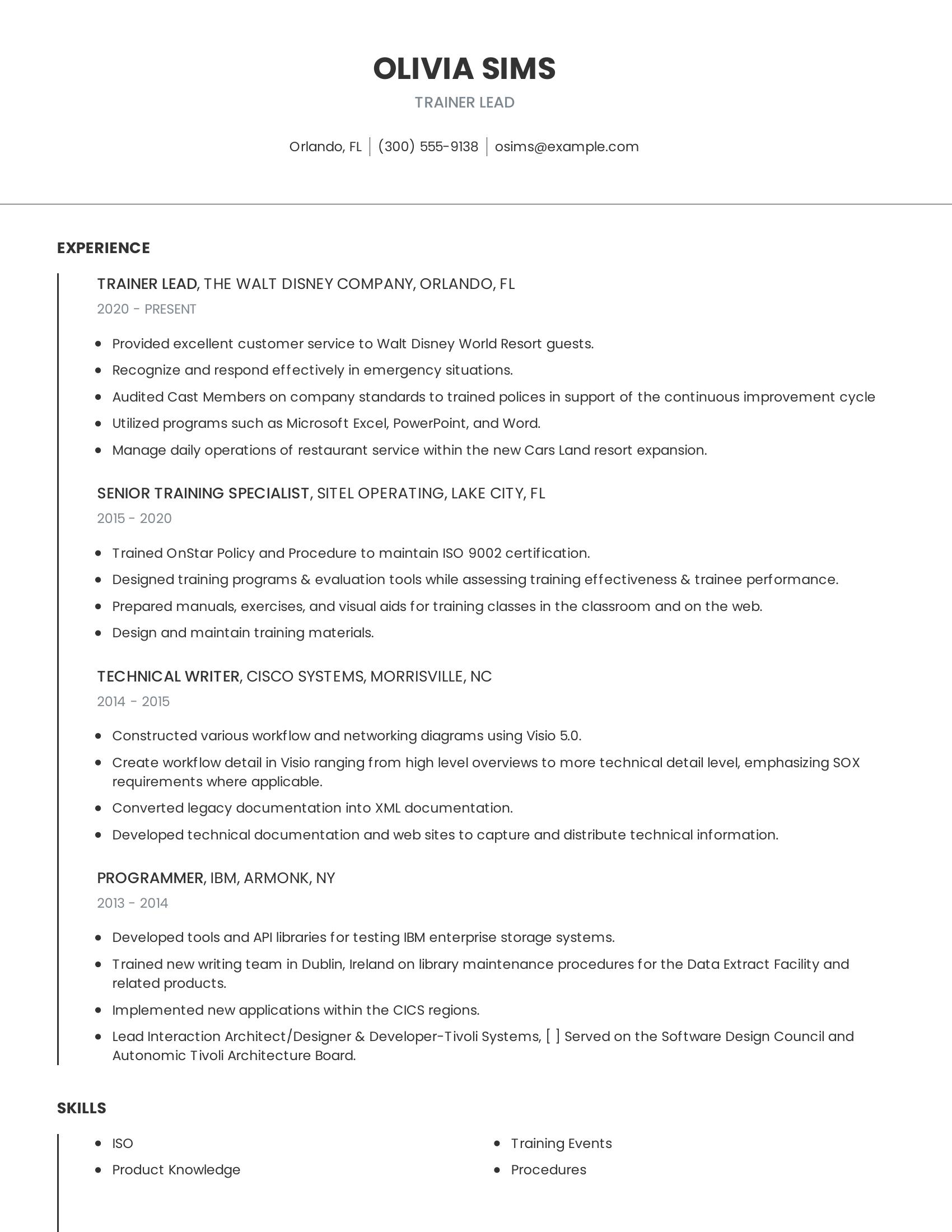 Trainer Lead resume example